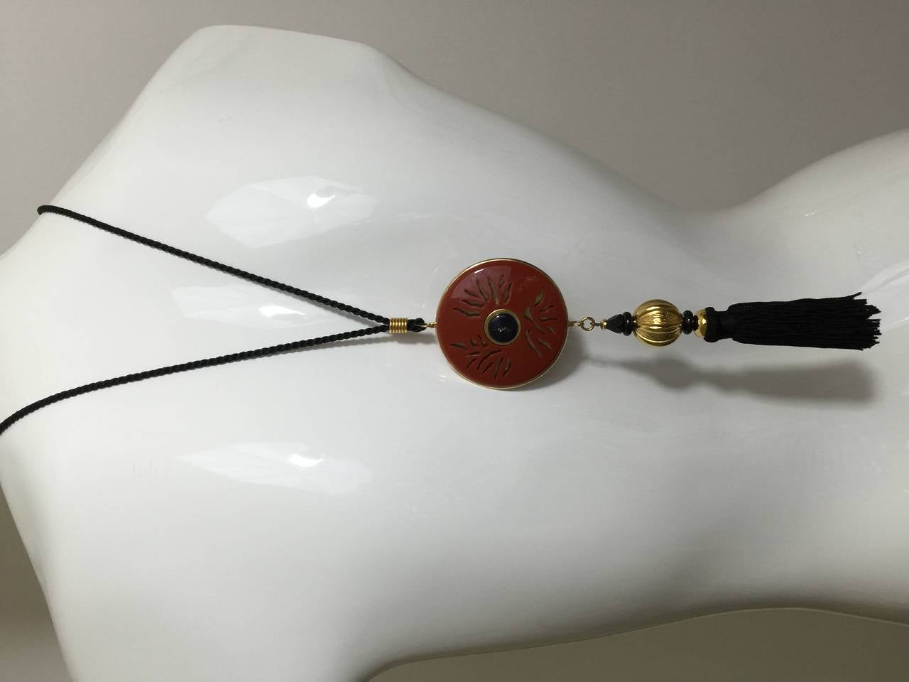 Yves Saint Laurent Vintage Opium Pendant & Gold Bead Black Tassel Necklace For Sale 2