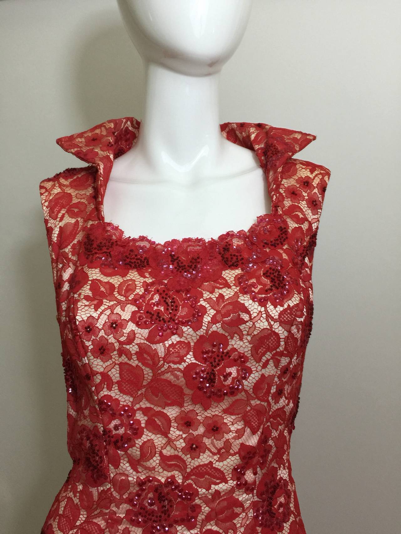 1960s  Hourglass Mermaid Red Lace  Cut Out Back Dress In Excellent Condition In Boca Raton, FL