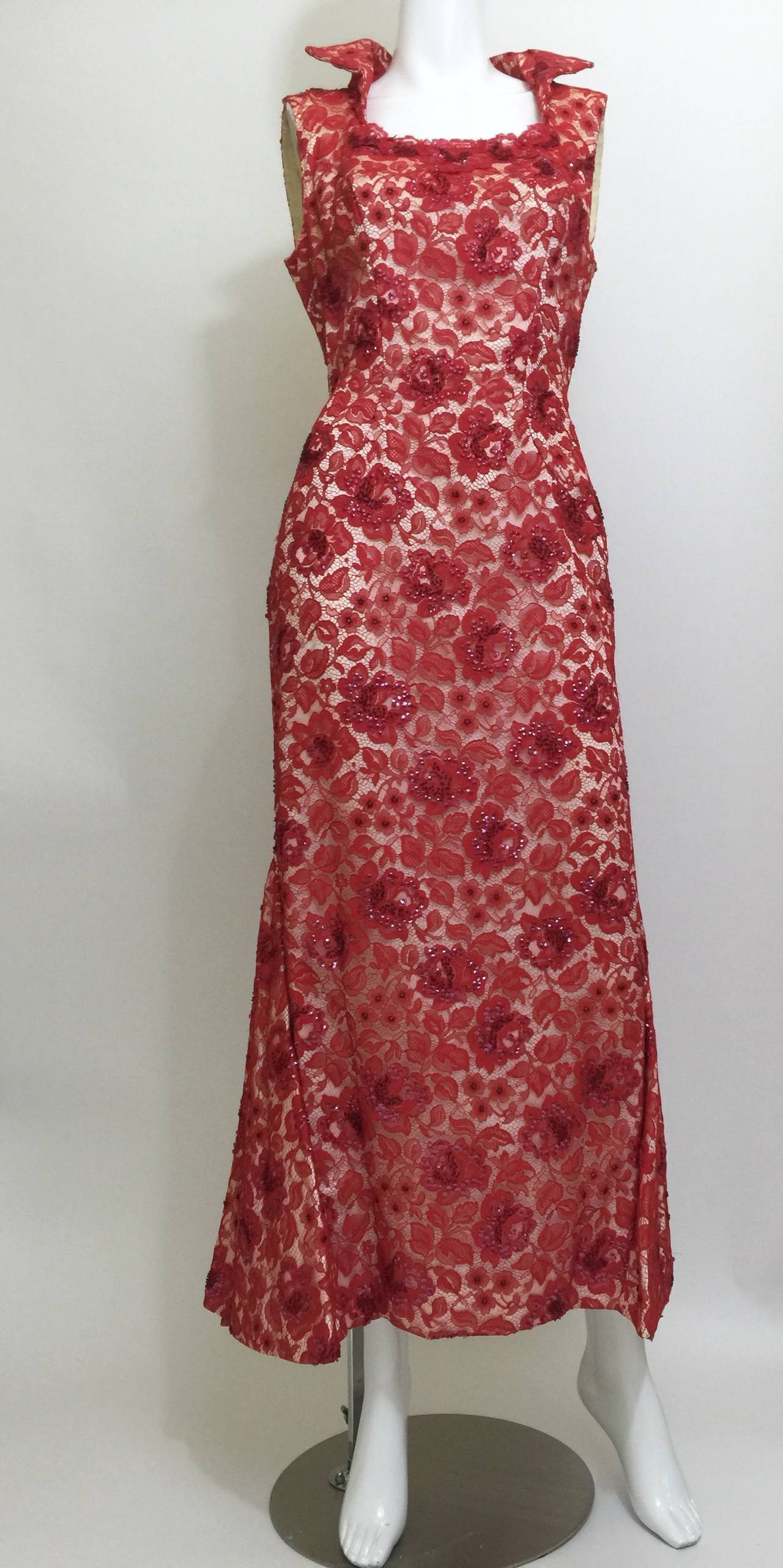 Brown 1960s  Hourglass Mermaid Red Lace  Cut Out Back Dress
