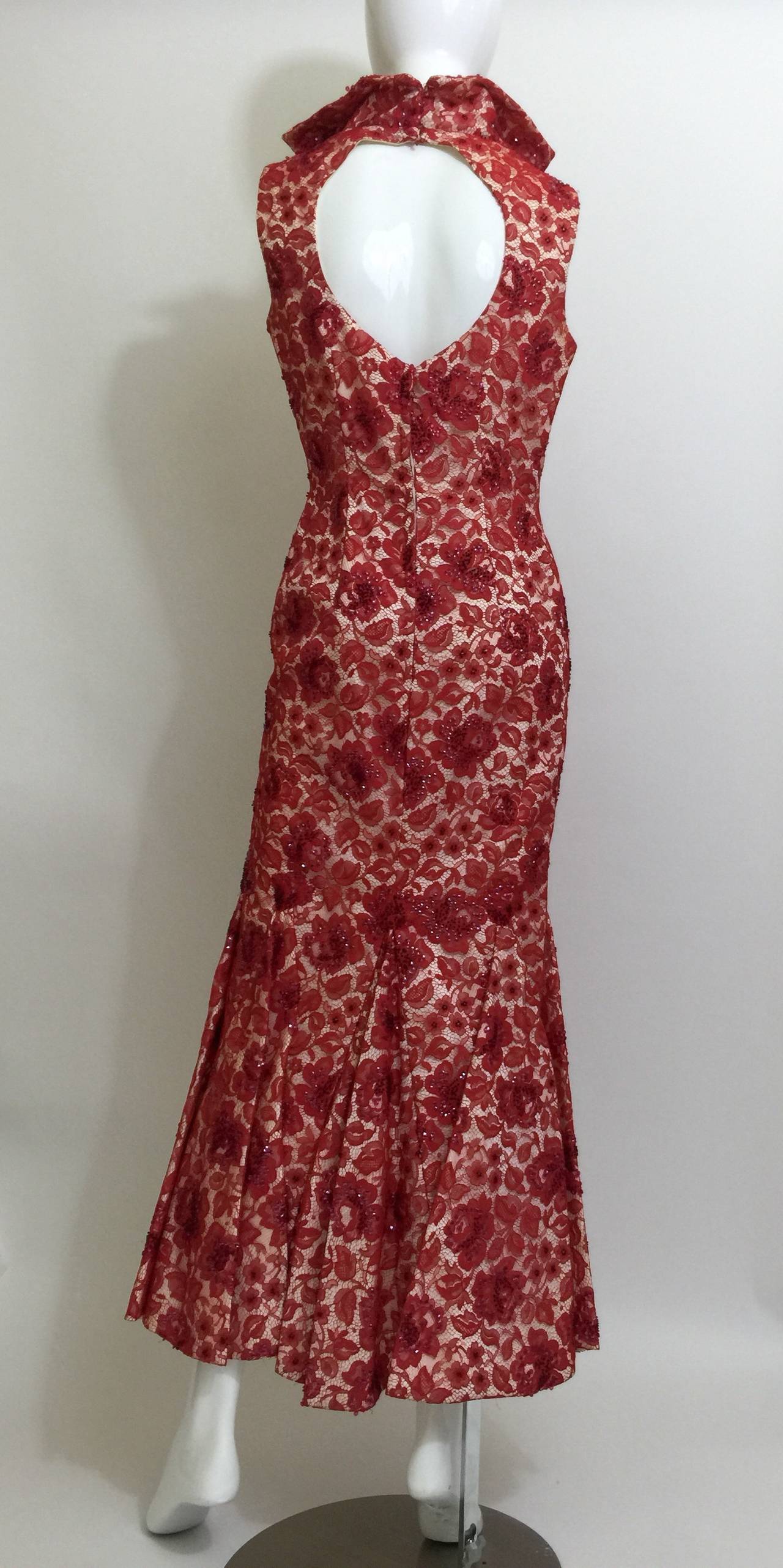 Women's 1960s  Hourglass Mermaid Red Lace  Cut Out Back Dress