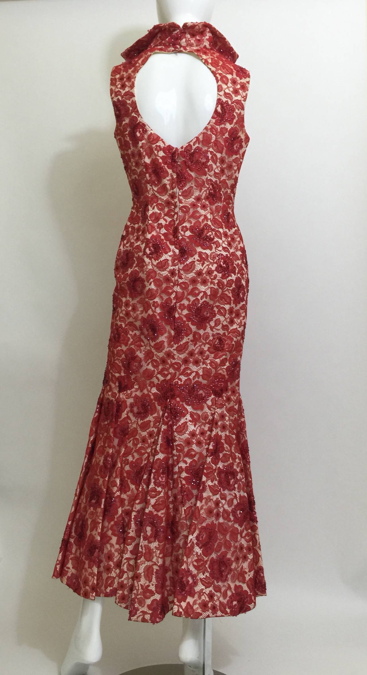 1960s  Hourglass Mermaid Red Lace  Cut Out Back Dress 1