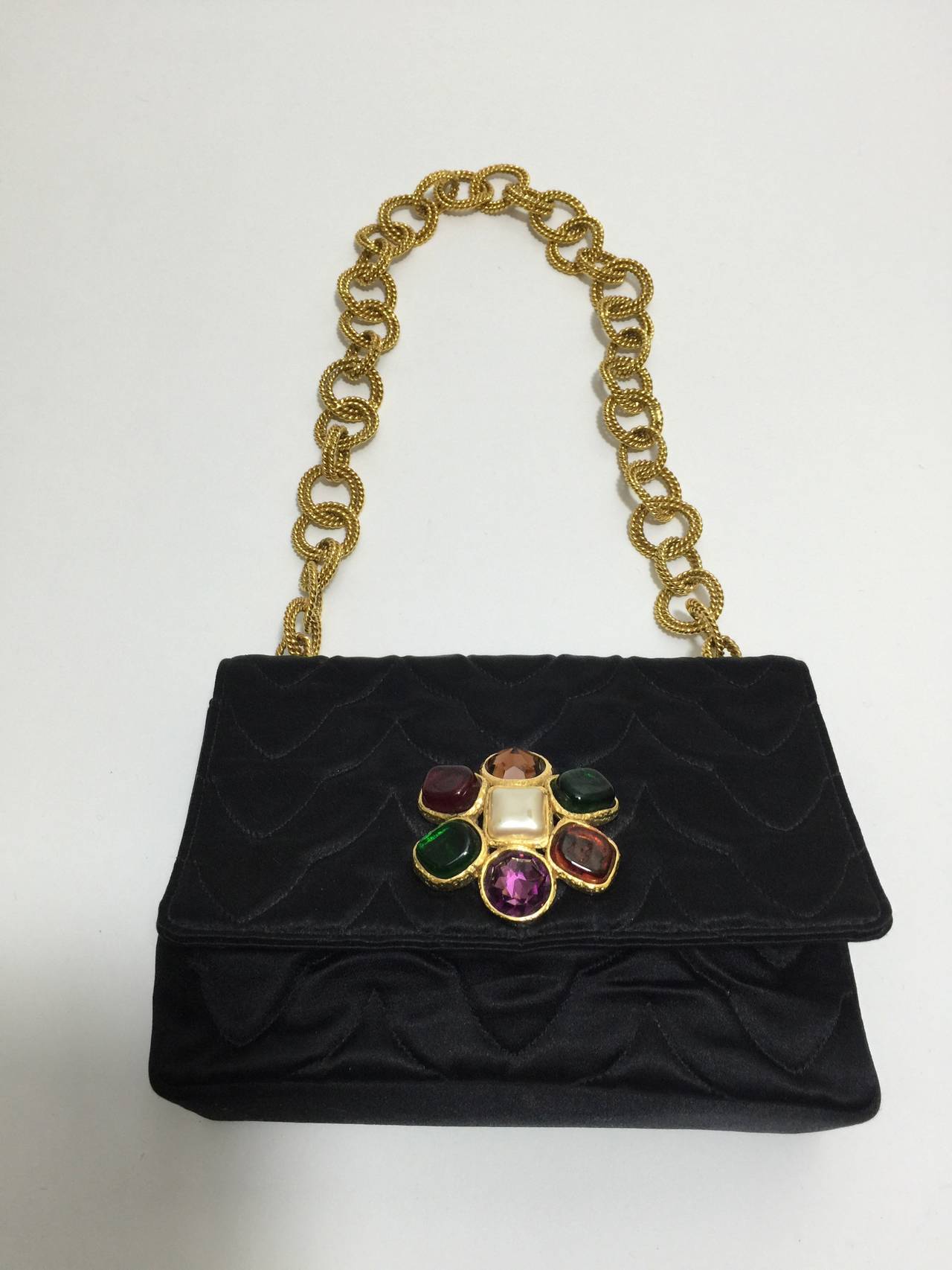Rare Vintage Chanel Gripoix & Gold Chain Satin Evening Bag / Purse 1