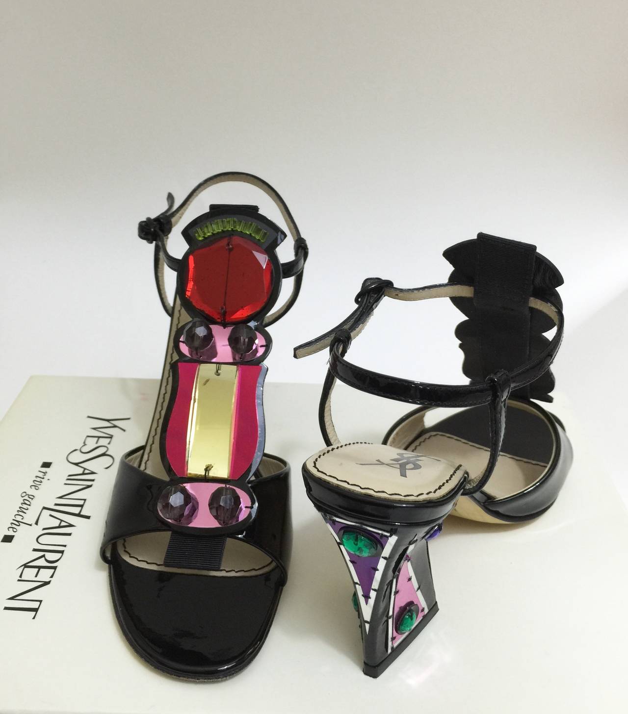 Black Yves Saint Laurent Patent Leather and Jewel T- Strap Heel Sandals Shoes 5