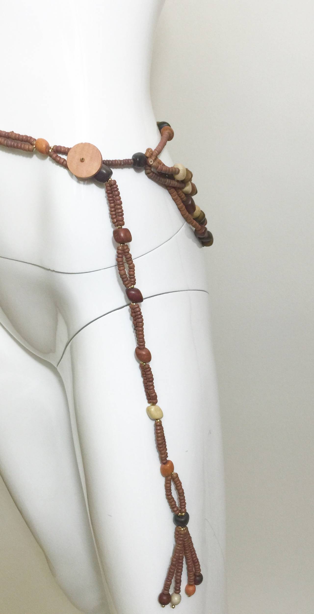 Brown Vintage Wood  Bead and Tassel Belt & Necklace For Sale