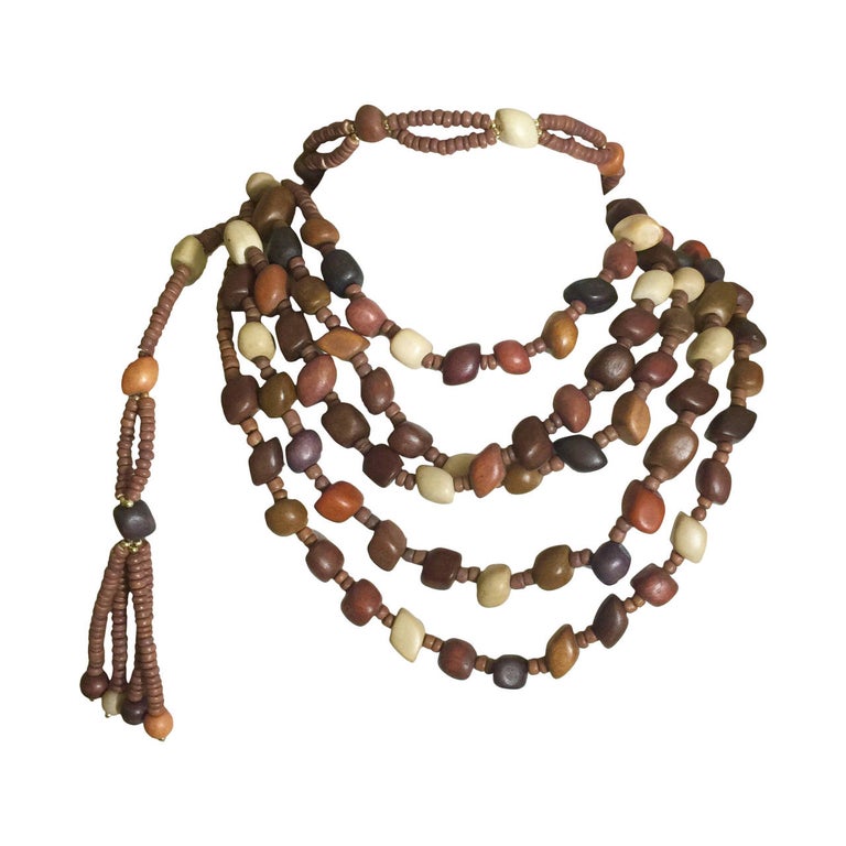 Vintage Wood Bead and Tassel Belt and Necklace For Sale at  display picture 1