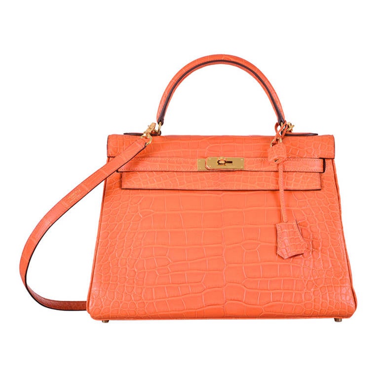 ONLY ON JF! HERMES KELLY BAG 32cm FEU FIRE ORANGE ALLIGATOR GOLD ...  