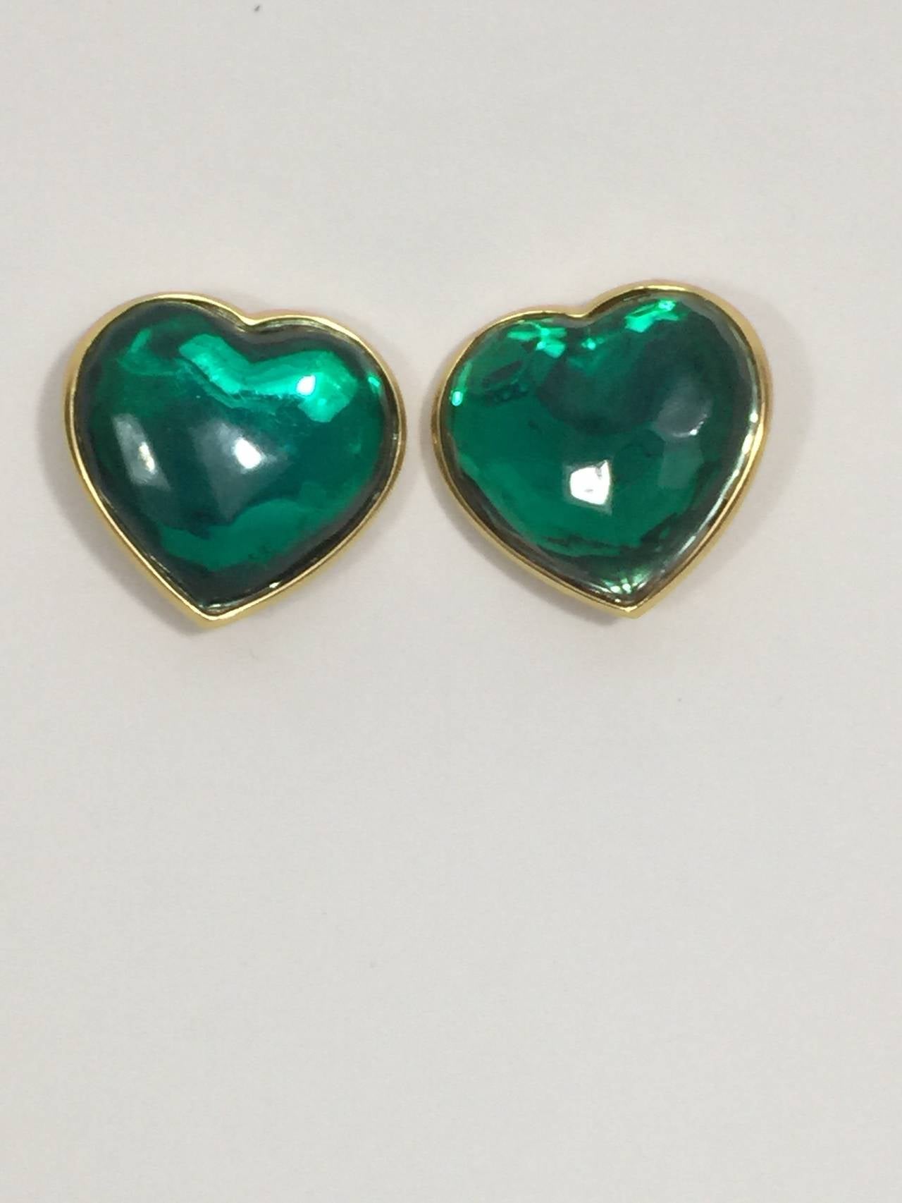 Vintage Yves Saint Laurent Runway Green Heart Earrings YSL In Excellent Condition In Boca Raton, FL