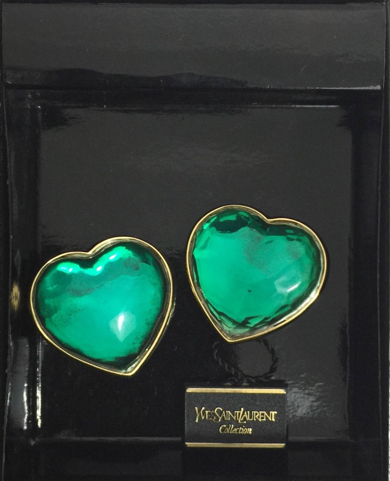 Women's Vintage Yves Saint Laurent Runway Green Heart Earrings YSL