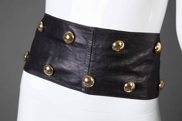 Women's Vintage Yves Saint Laurent Black Leather Gold Stud Sash Belt Documented 1989 