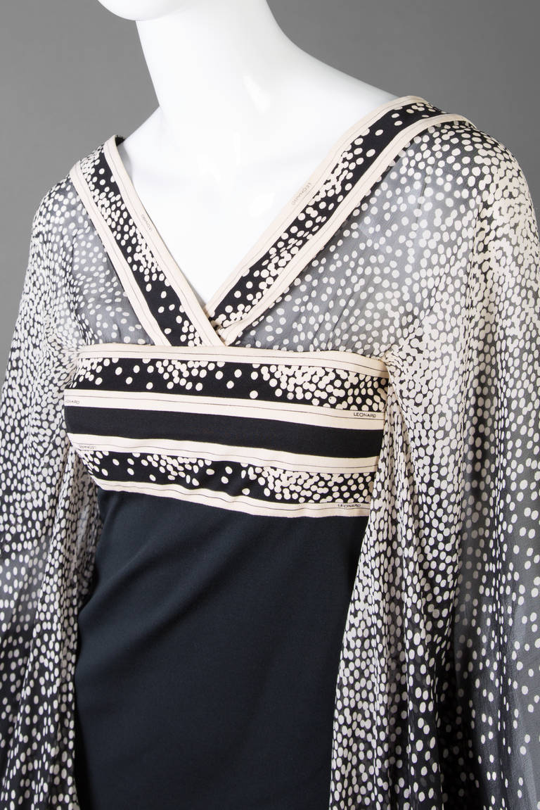 Black 1970s Leonard Paris Silk Chiffon Angel Sleeve Caftan Maxi Dress Documented For Sale