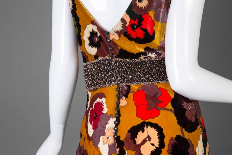 Brown Missoni Silk velvet Pansy Print Crystal Waist Embellishment Dress 1930s Style
