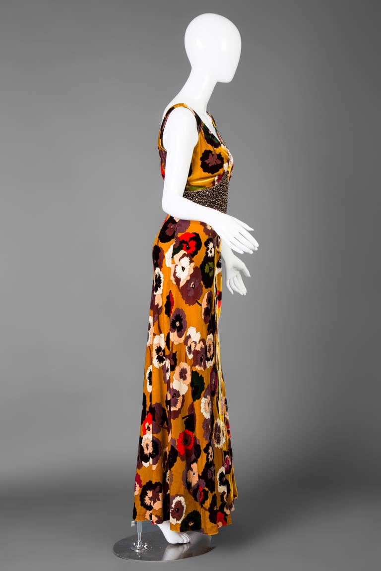 Women's Missoni Silk velvet Pansy Print Crystal Waist Embellishment Dress 1930s Style