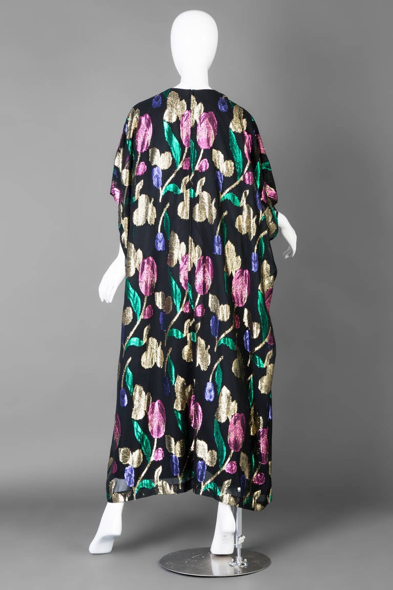 Stunning Vintage Black with Pink, Green and Gold Metallic Floral Caftan Dress  In Excellent Condition In Boca Raton, FL