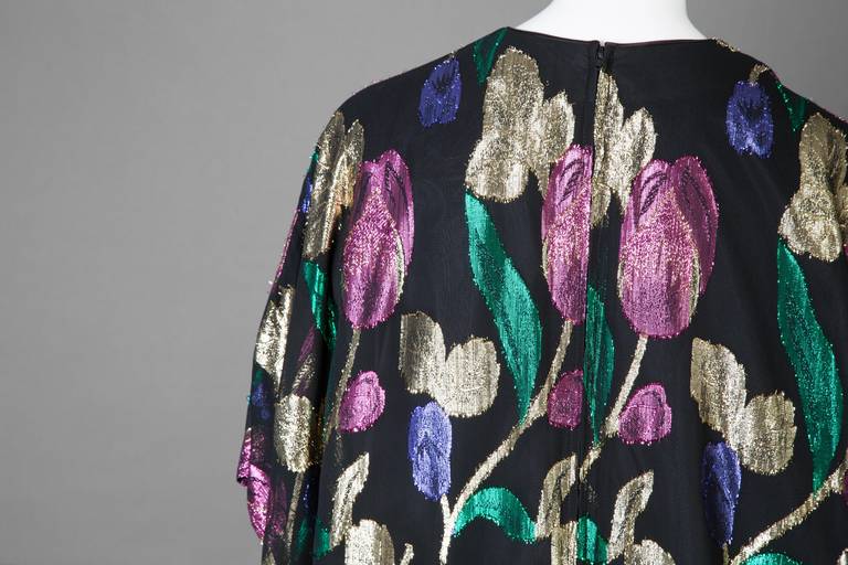 Stunning Vintage Black with Pink, Green and Gold Metallic Floral Caftan Dress  2