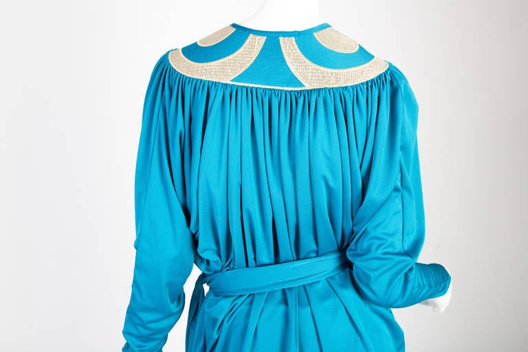 1970s Bill Tice Turquoise & Gold Gathered Jersey Dolman Sleeve Top & Pants Set  In Excellent Condition In Boca Raton, FL