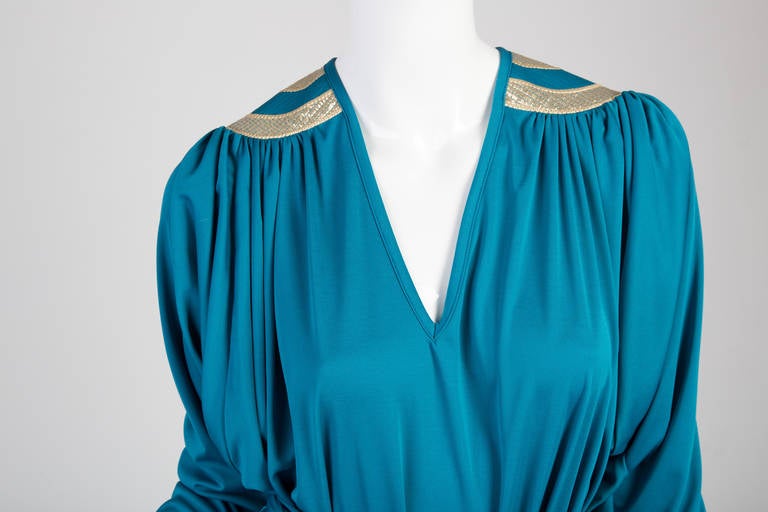 Blue 1970s Bill Tice Turquoise & Gold Gathered Jersey Dolman Sleeve Top & Pants Set 