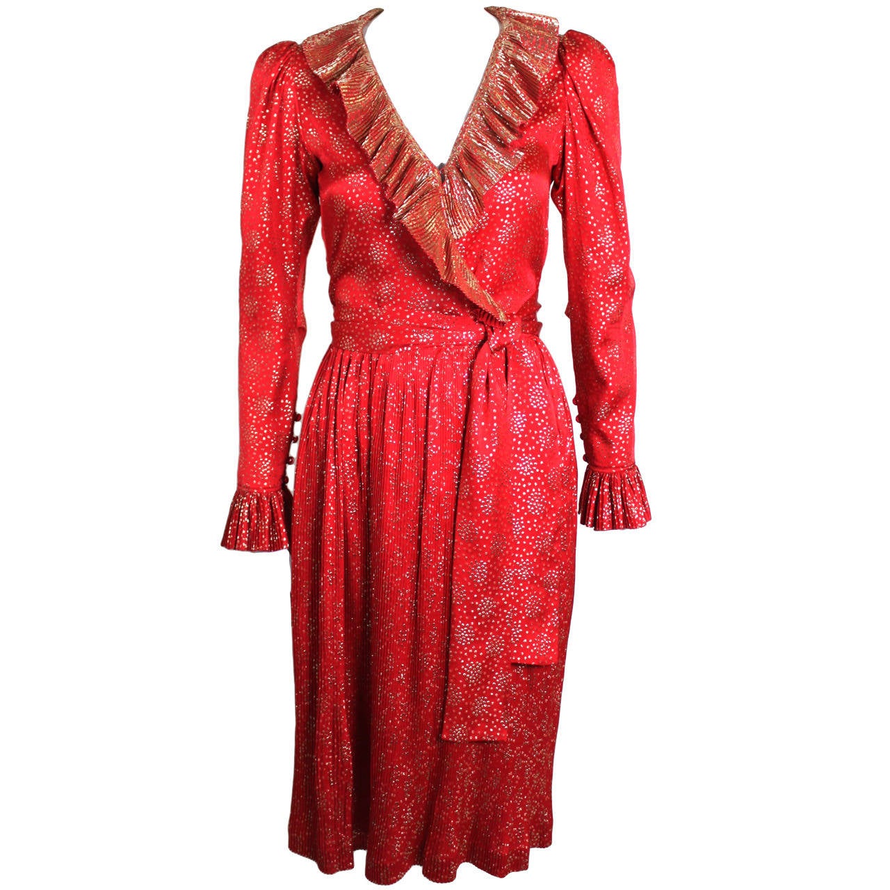 YSL 1970s Red and Gold Lamé Ruffled Ensemble For Sale
