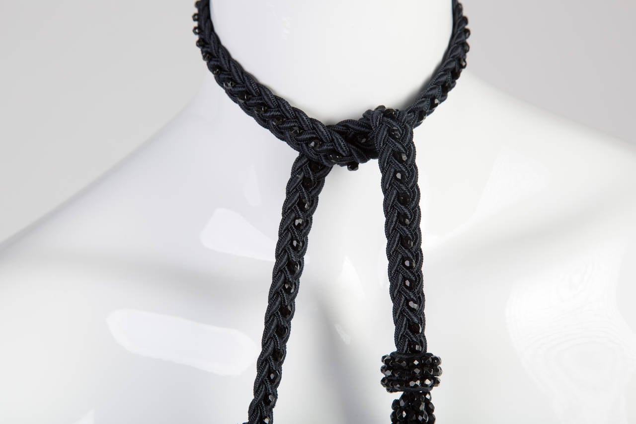 1990s Yves Saint Laurent Black Beaded Rope and Tassel Necklace Belt YSL