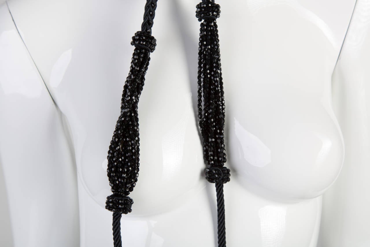 Women's 1990s Yves Saint Laurent Black Beaded Rope & Tassel Necklace Belt YSL Vintage 