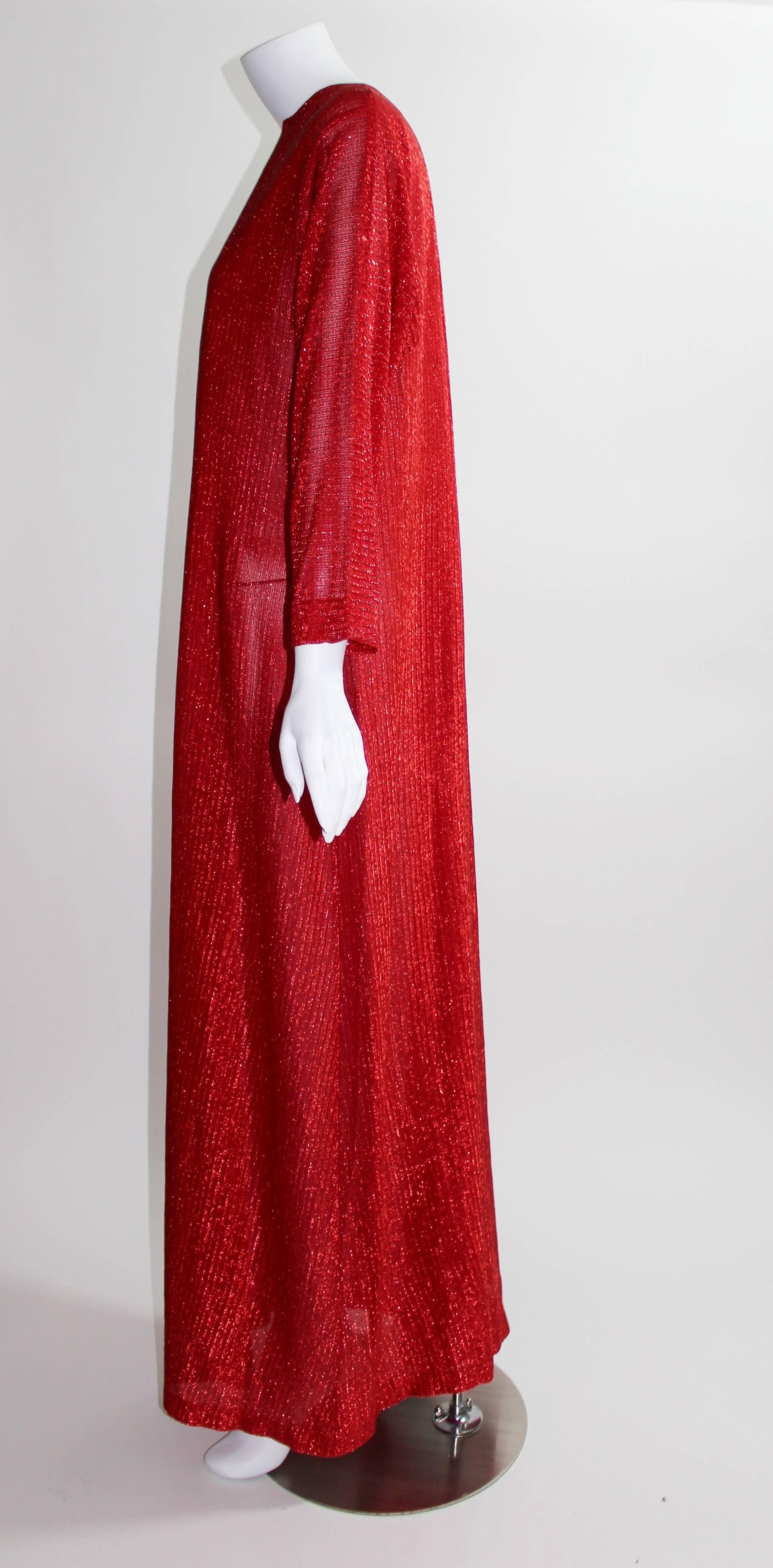 Halston Red Metallic Caftan Dress, 1970s In Excellent Condition In Boca Raton, FL