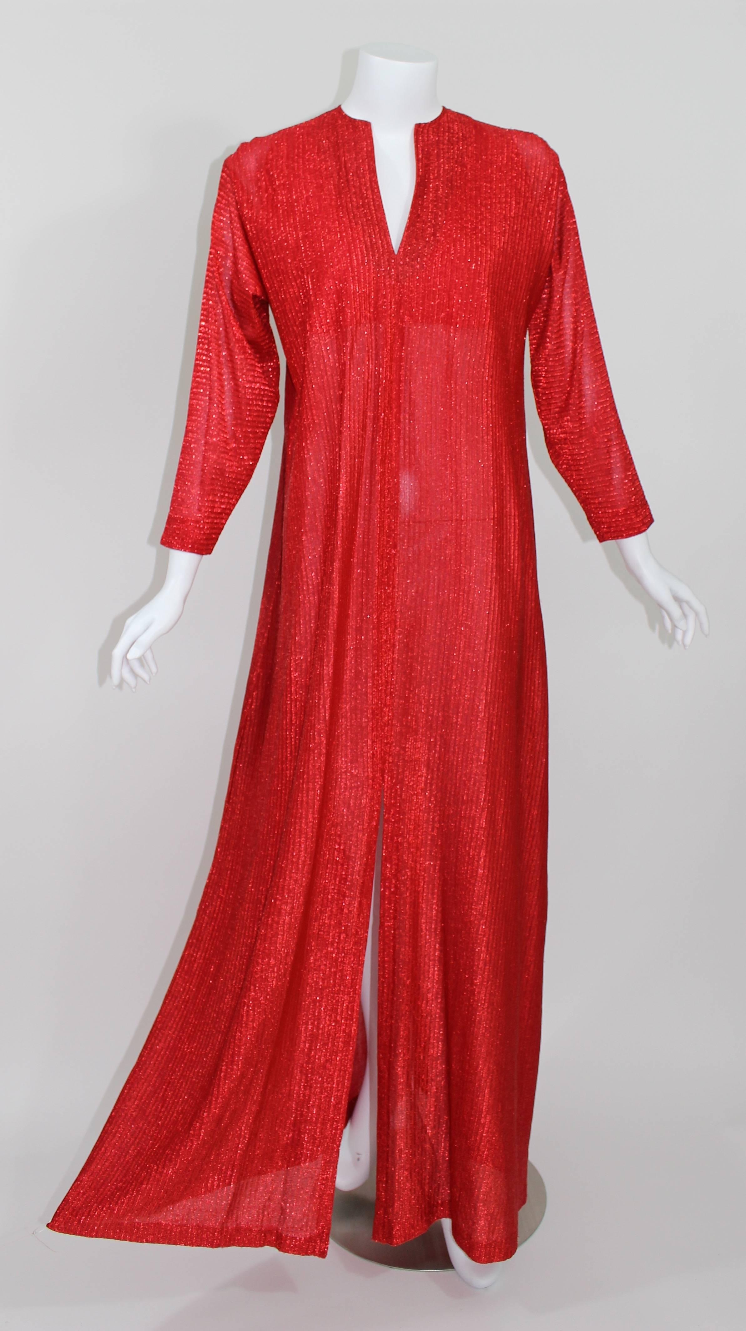 Halston was one of the most influential American designers of the 20th century. His easy, yet elegant styles embodied the clean and unfettered look of the modern woman. This metallic red caftan beautifully illustrates his prescient understanding of