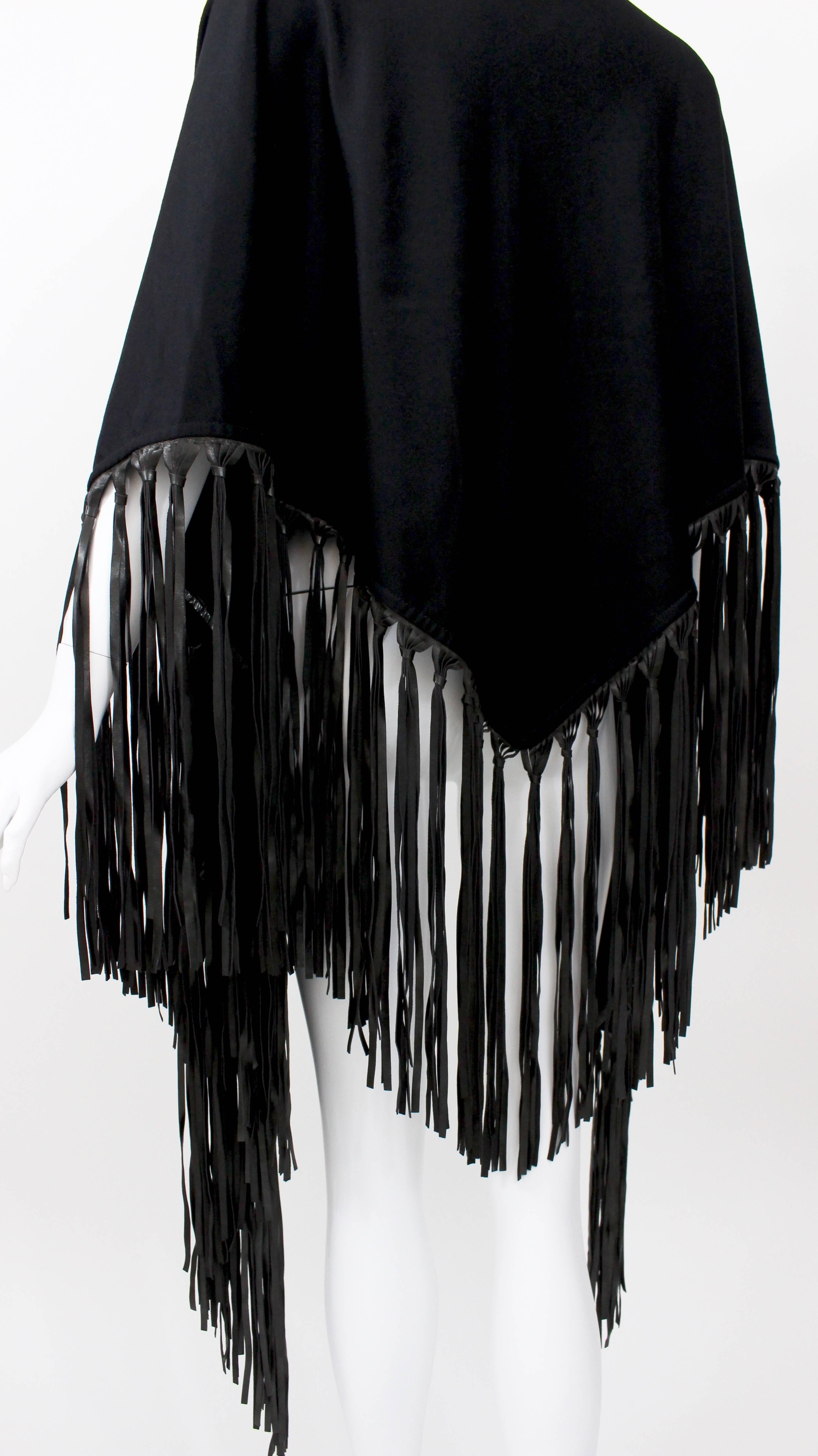 Hermes attributed Black  Cashmere & Leather Fringe Shawl 1