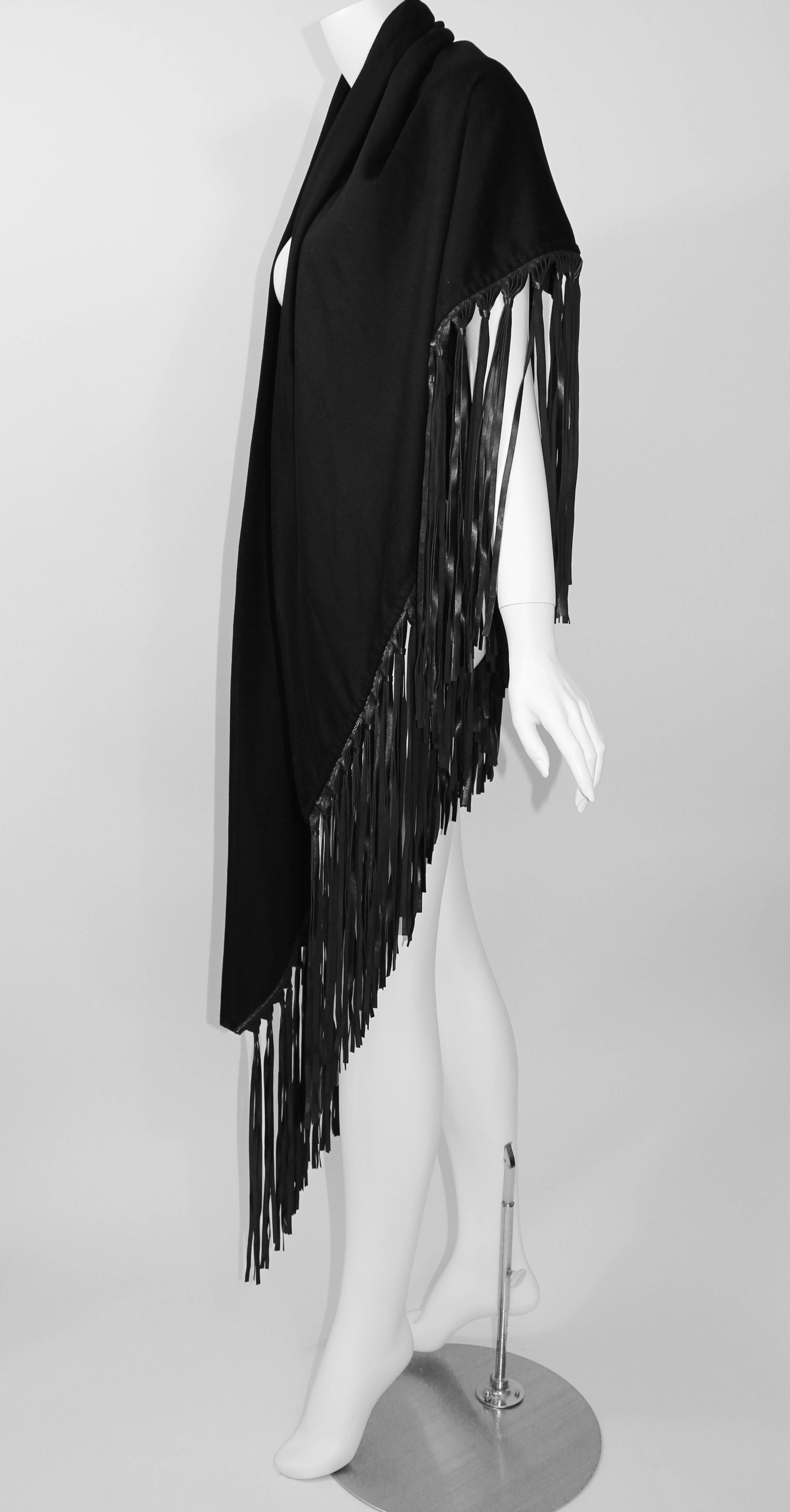 Hermes attributed Black  Cashmere & Leather Fringe Shawl In Excellent Condition In Boca Raton, FL