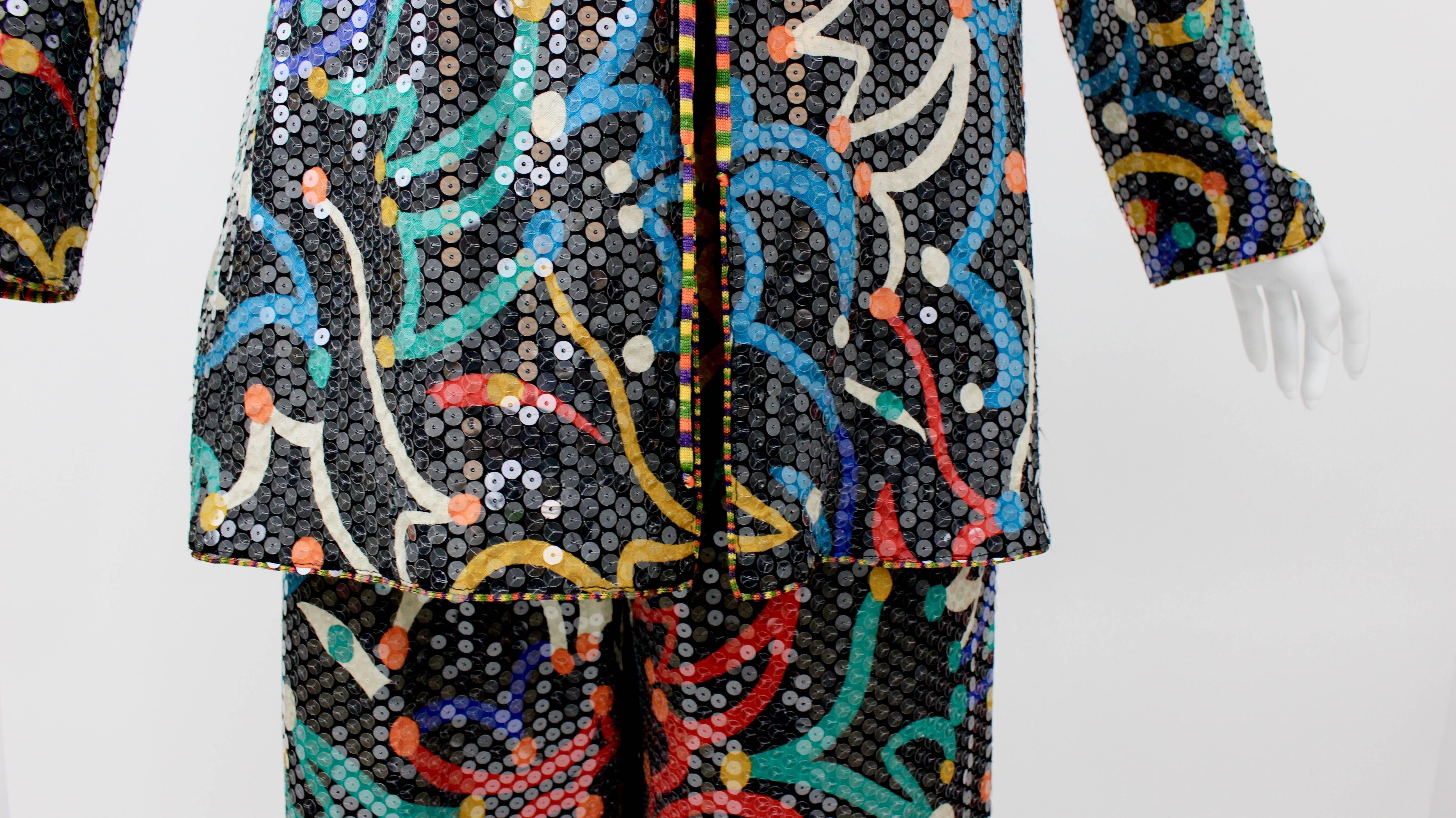 Vintage Missoni Shimmery Silk Jersey Colorful Print Sequin Top Pant Set In Good Condition In Boca Raton, FL
