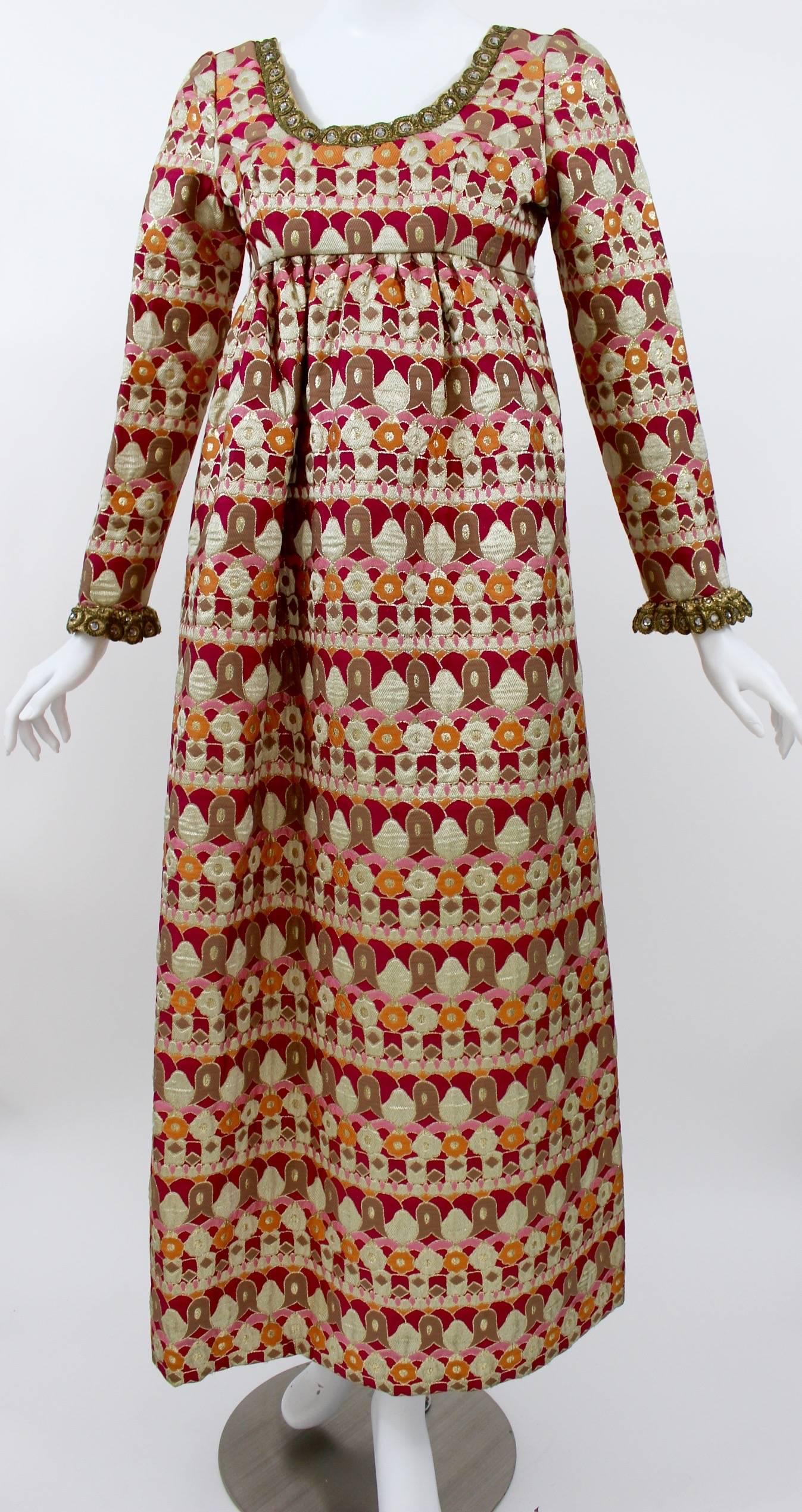 Brown A 1960s Nan Duskin Couture Metallic Brocade Empire Waist Dress  For Sale