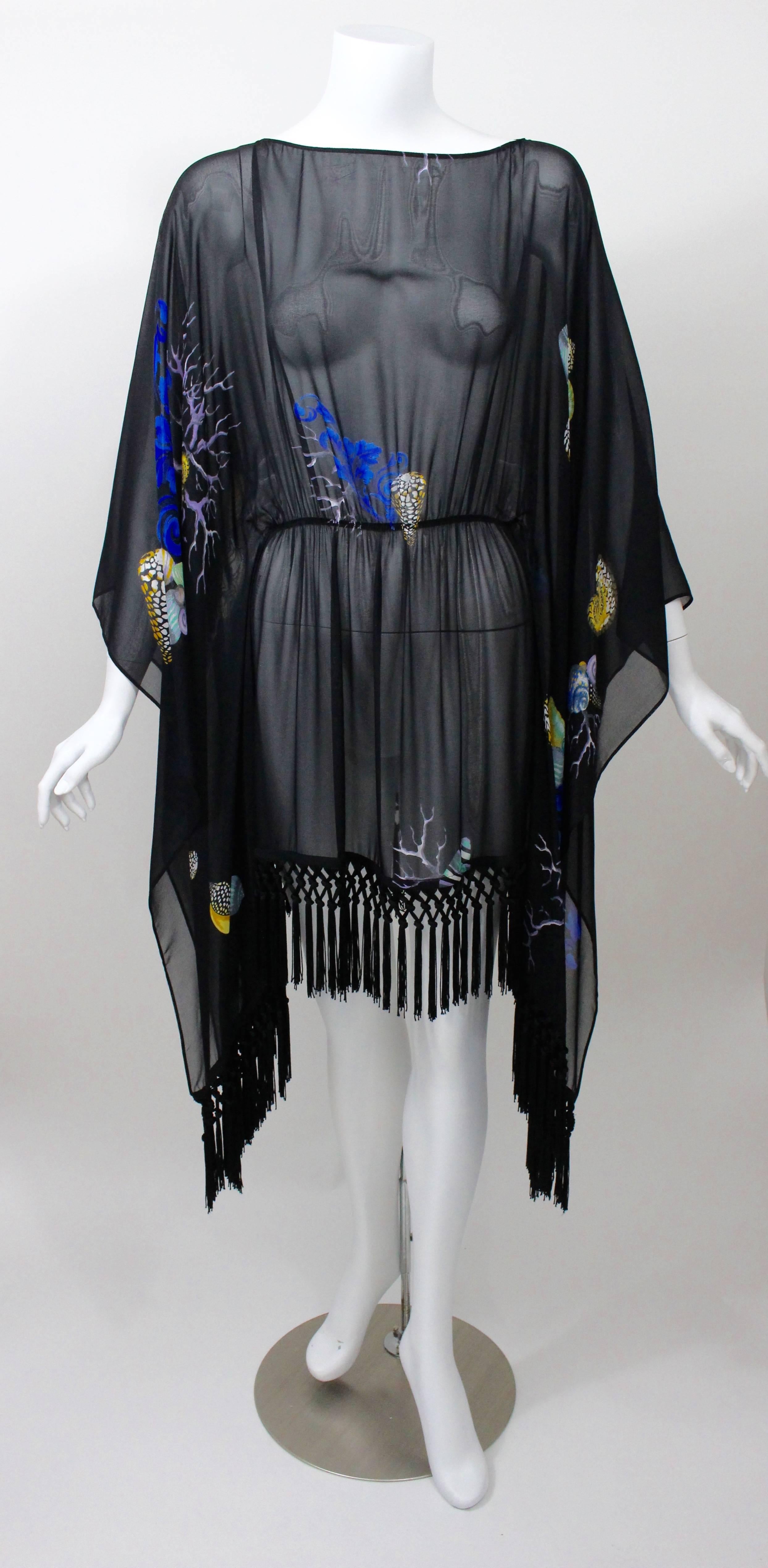 Versace  Black Silk Sheer Fringe Caftan Top with Sea Shell Print In Excellent Condition In Boca Raton, FL
