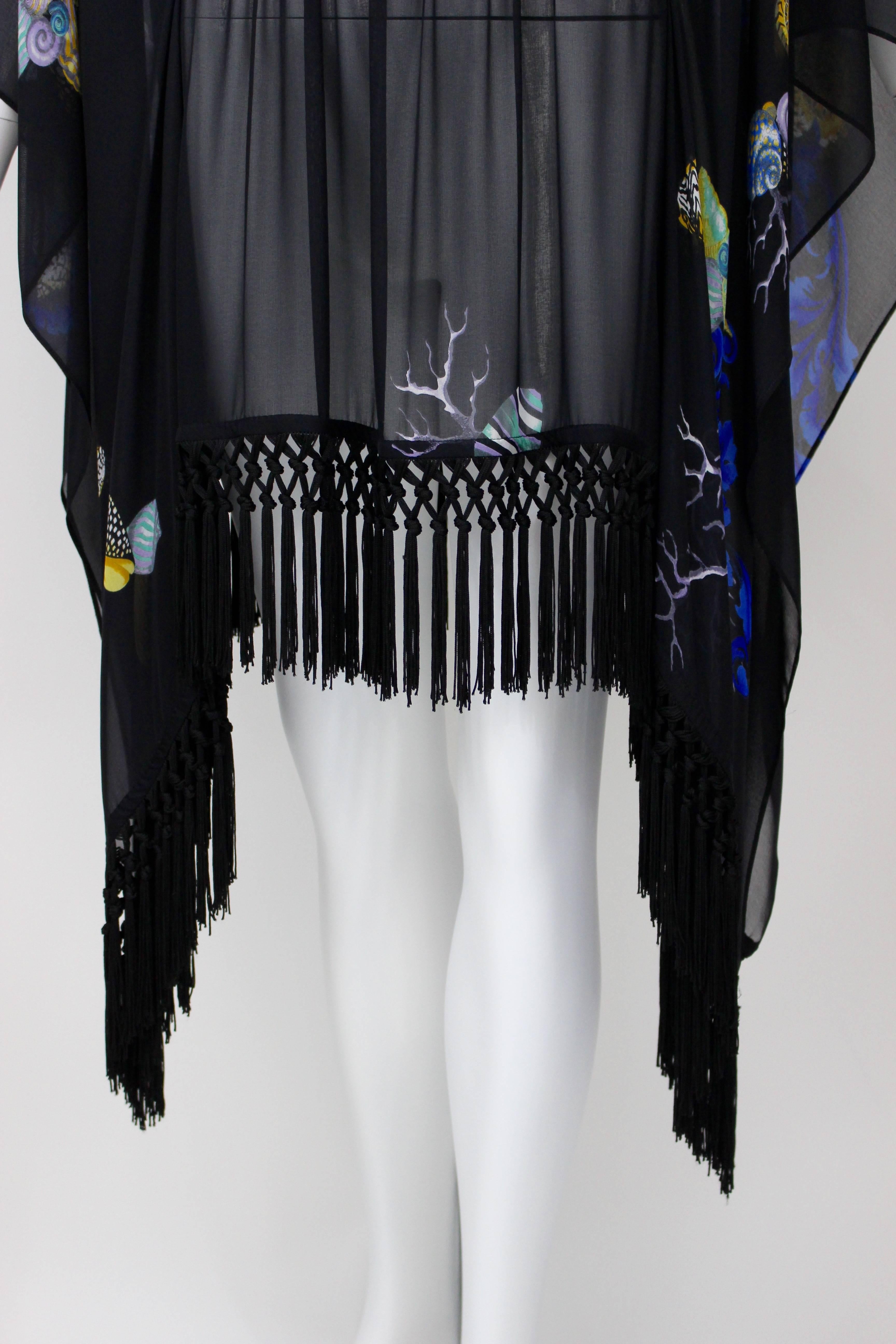 Versace  Black Silk Sheer Fringe Caftan Top with Sea Shell Print 4