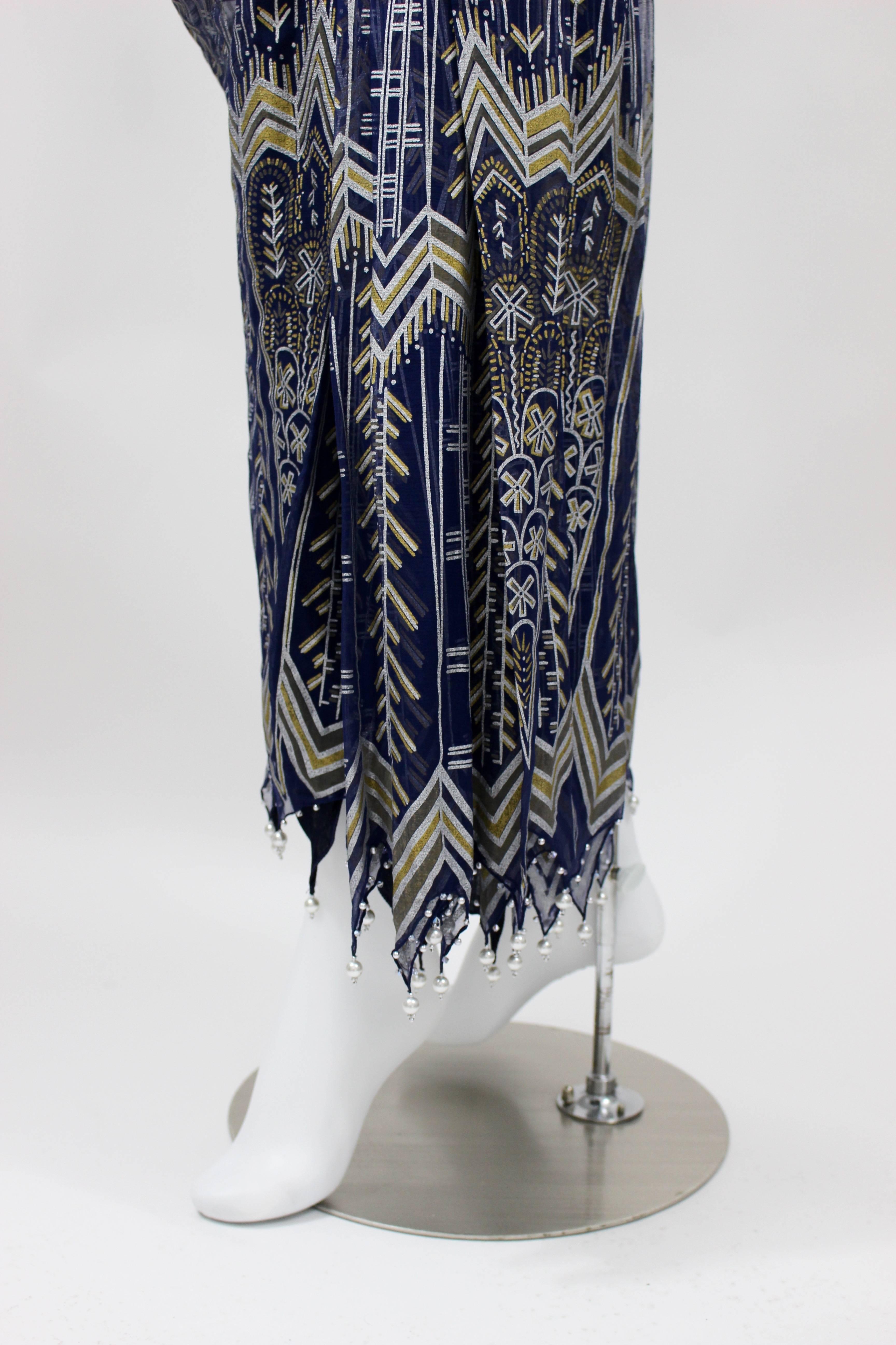 Black Vintage Zandra Rhodes Hand Painted Silk Dress, Pearl trimmed  Slip & Headpiece For Sale