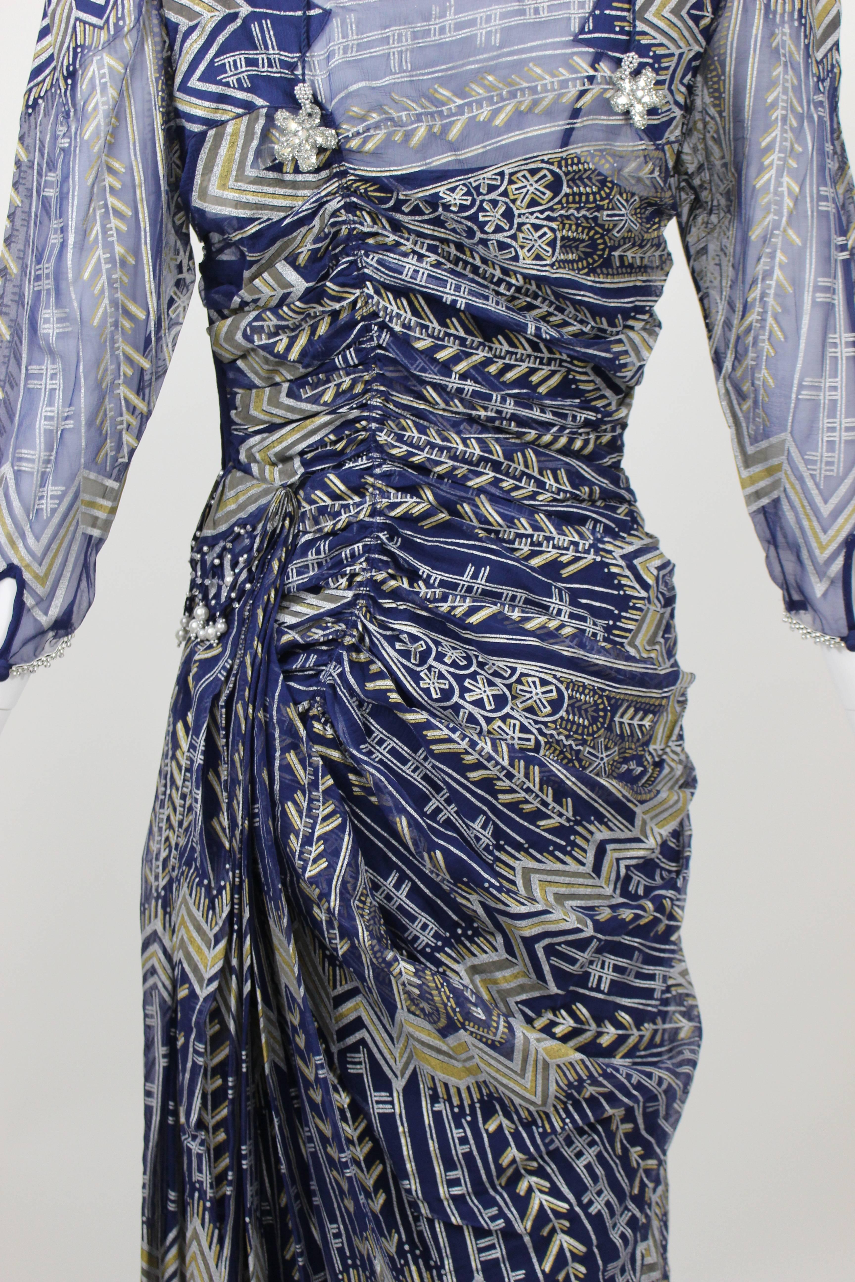Vintage Zandra Rhodes Hand Painted Silk Dress, Pearl trimmed  Slip & Headpiece For Sale 2