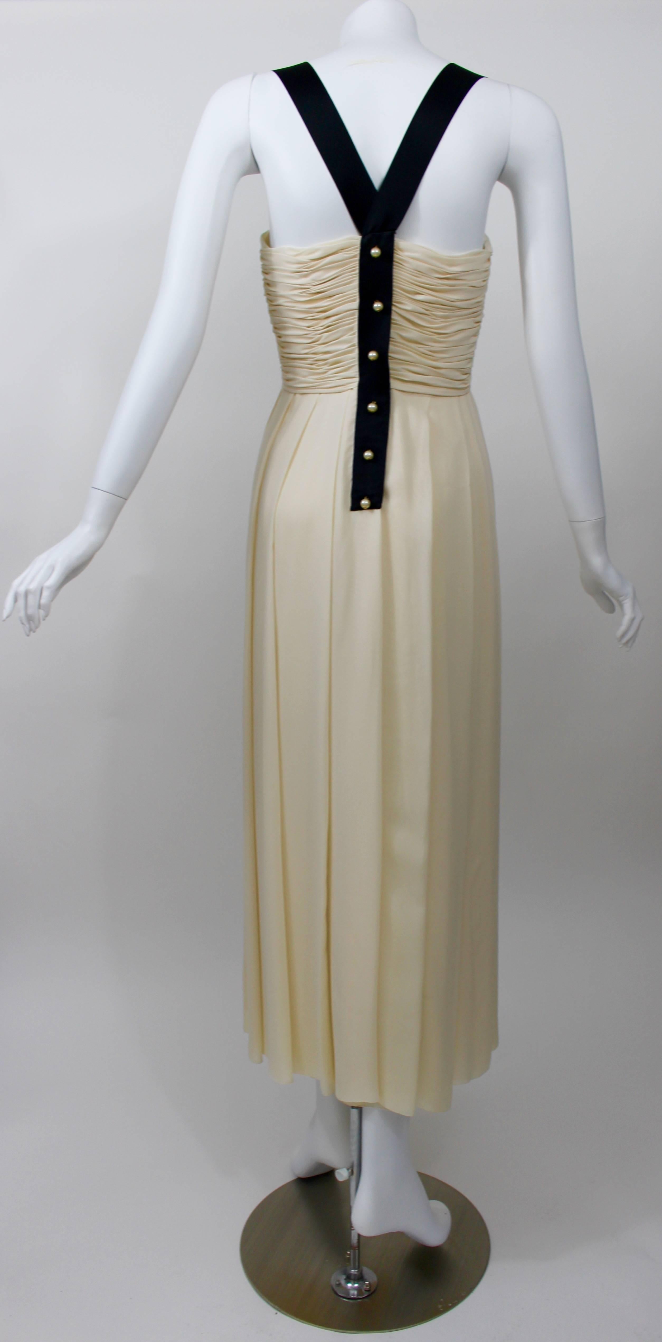 1994 Chanel Ivory Silk chiffon  Ruched Bodice and Pearl Button Dress Vintage 3