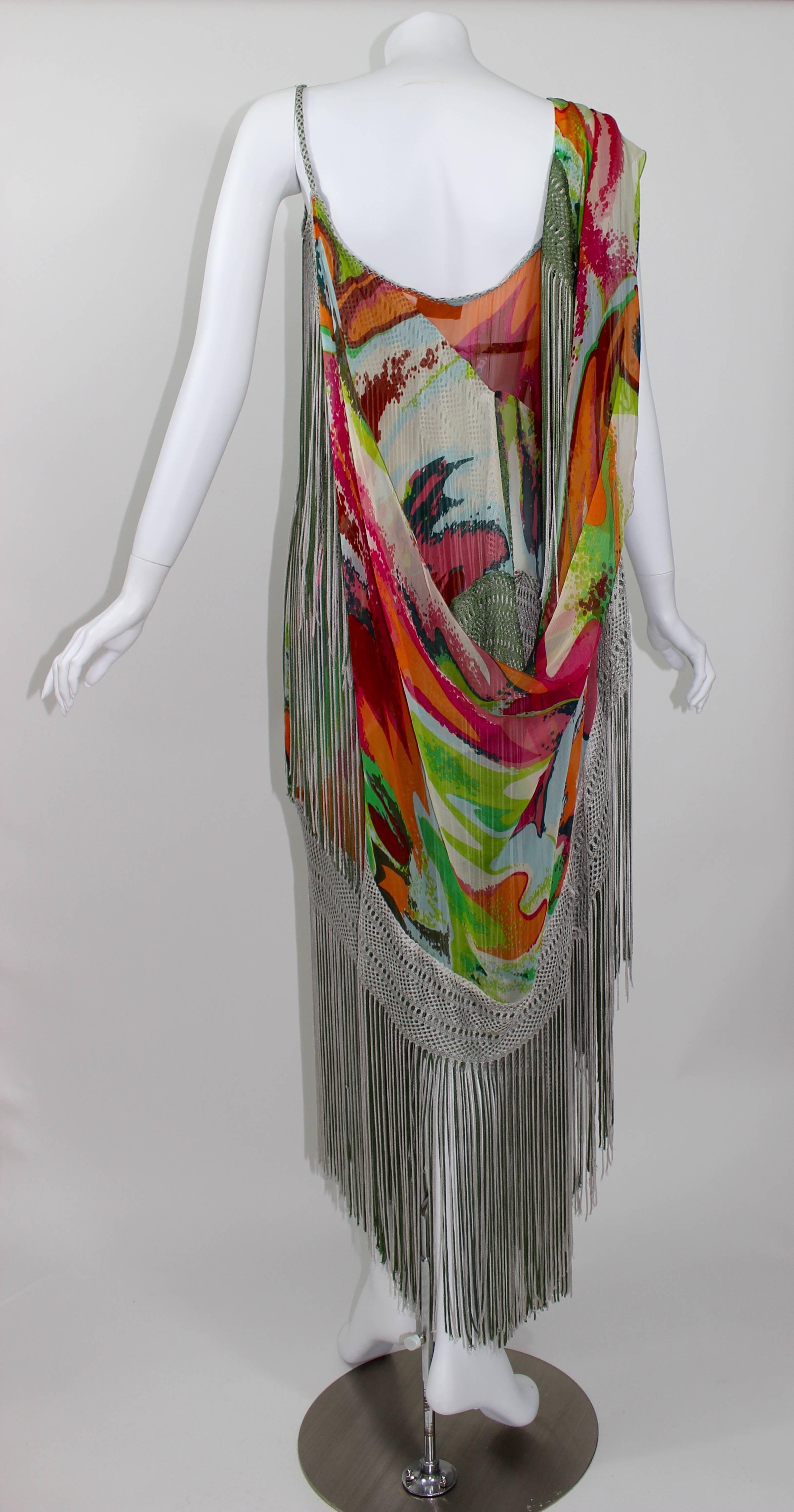 Women's Missoni Runway 2004 Silk Colorful Fringe Scarf / Cape Dress For Sale