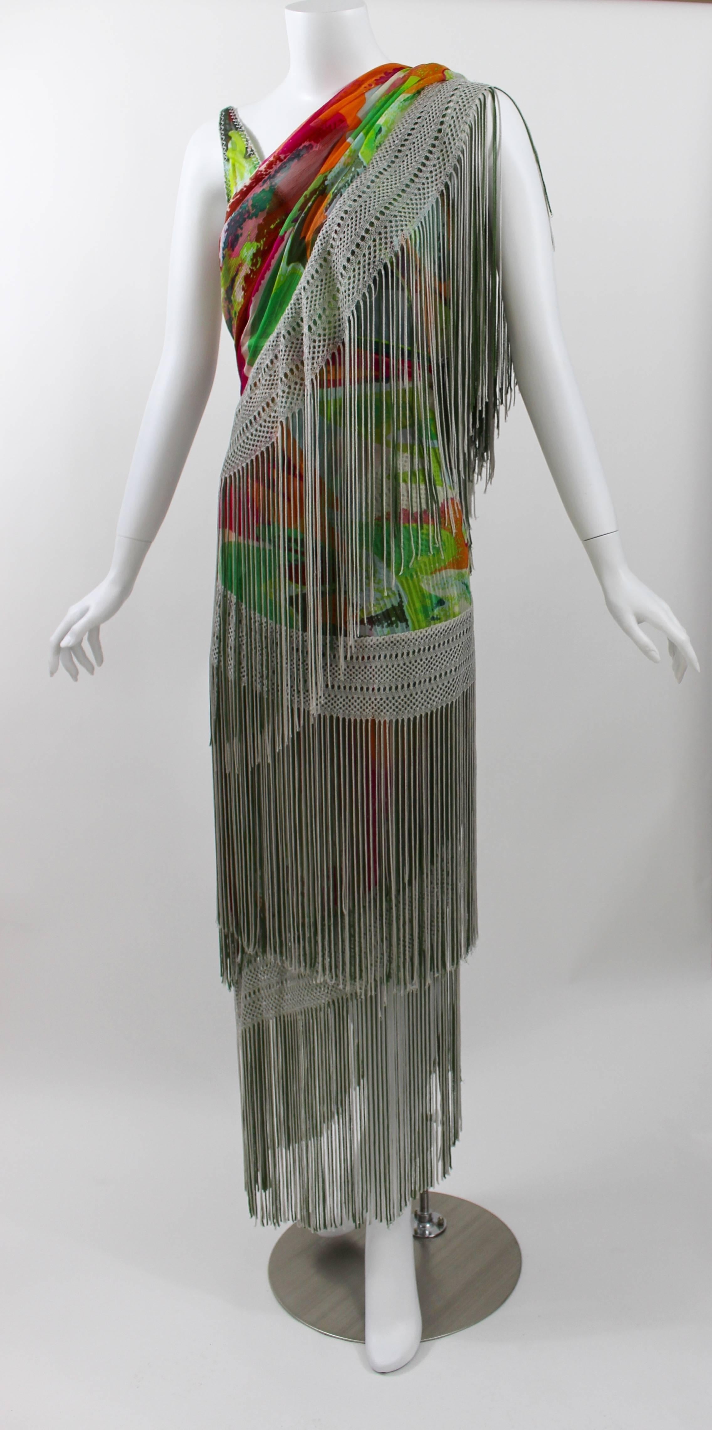Black Missoni Runway 2004 Silk Colorful Fringe Scarf / Cape Dress