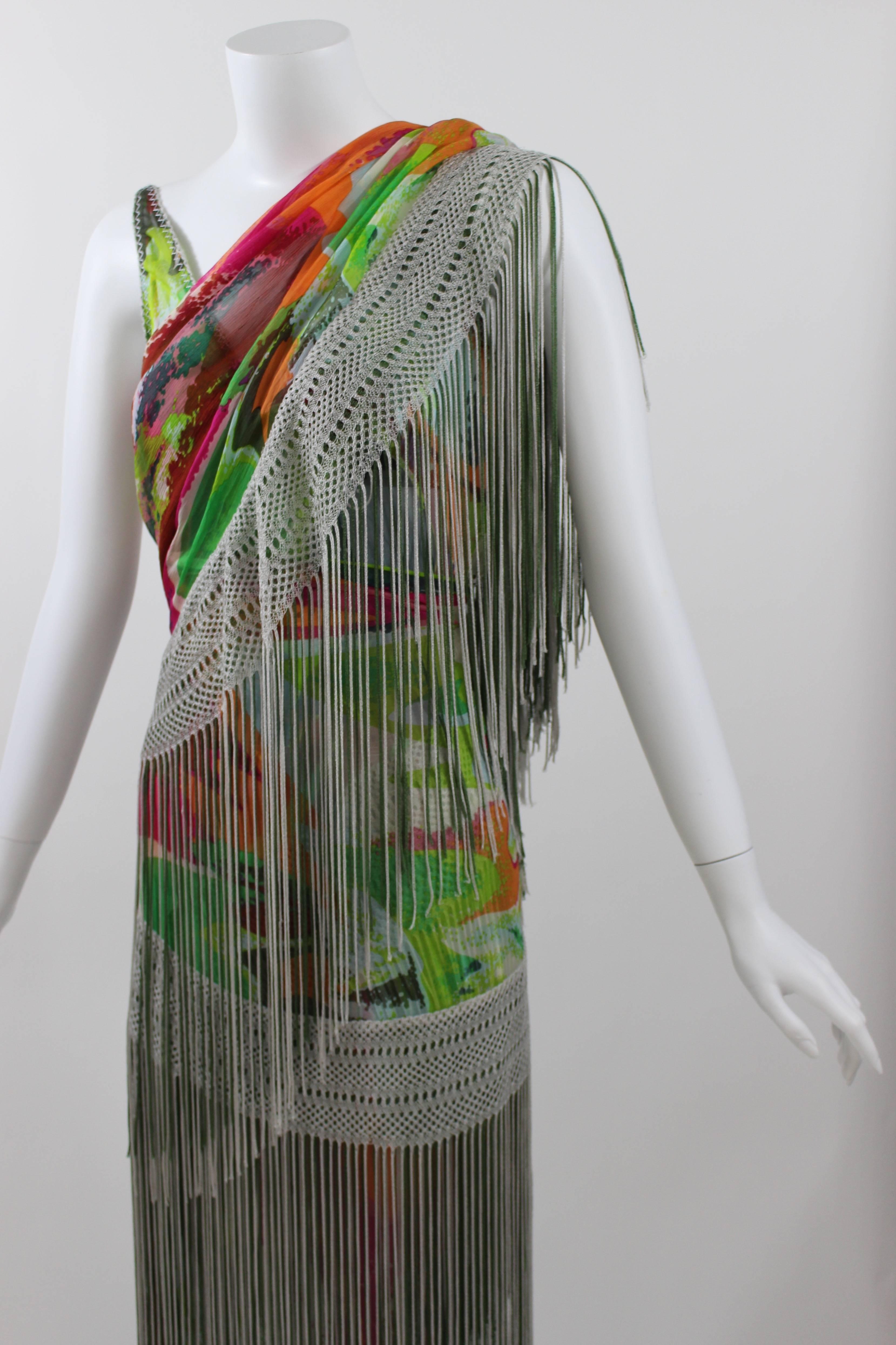 Missoni Runway 2004 Silk Colorful Fringe Scarf / Cape Dress In Excellent Condition For Sale In Boca Raton, FL