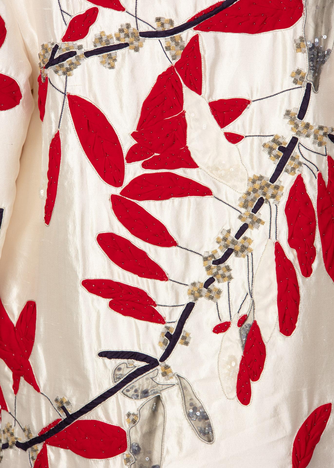 Vintage Valentino Ivory Silk Red Leaves Beaded  Long Evening Coat In Excellent Condition In Boca Raton, FL