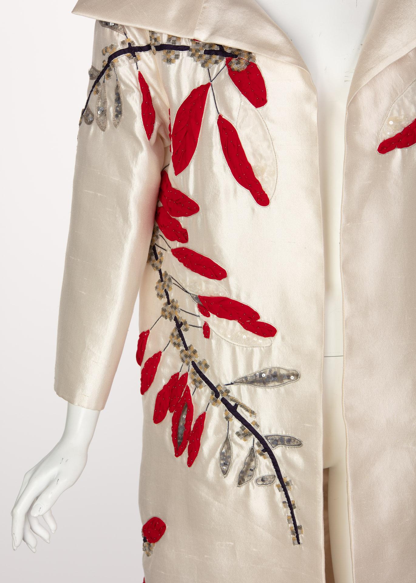 Women's or Men's Vintage Valentino Ivory Silk Red Leaves Beaded  Long Evening Coat