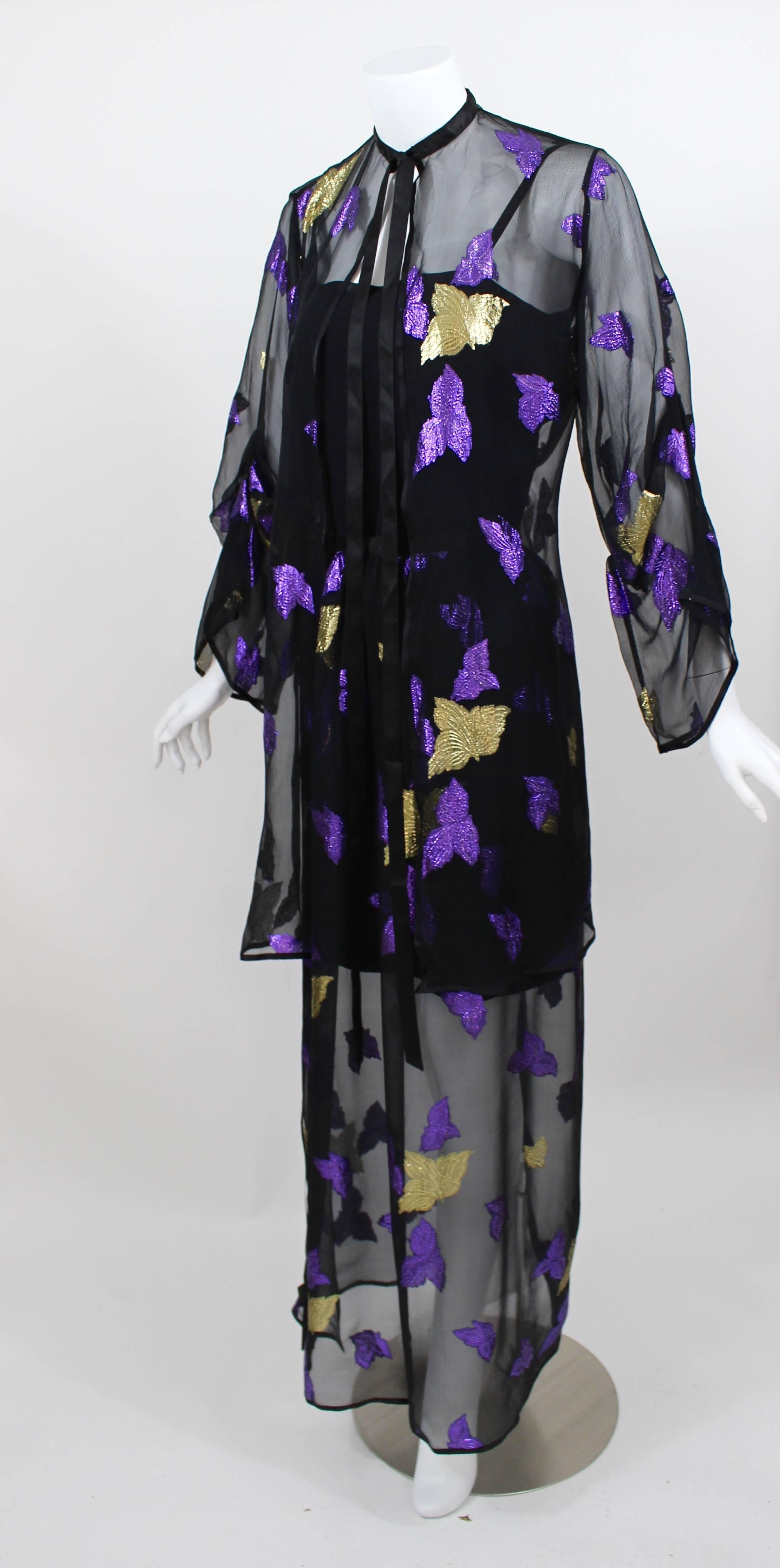  1978 Yves Saint Laurent Stunning Silk  Metallic Leaf Dress Set Documented YSL In Excellent Condition In Boca Raton, FL