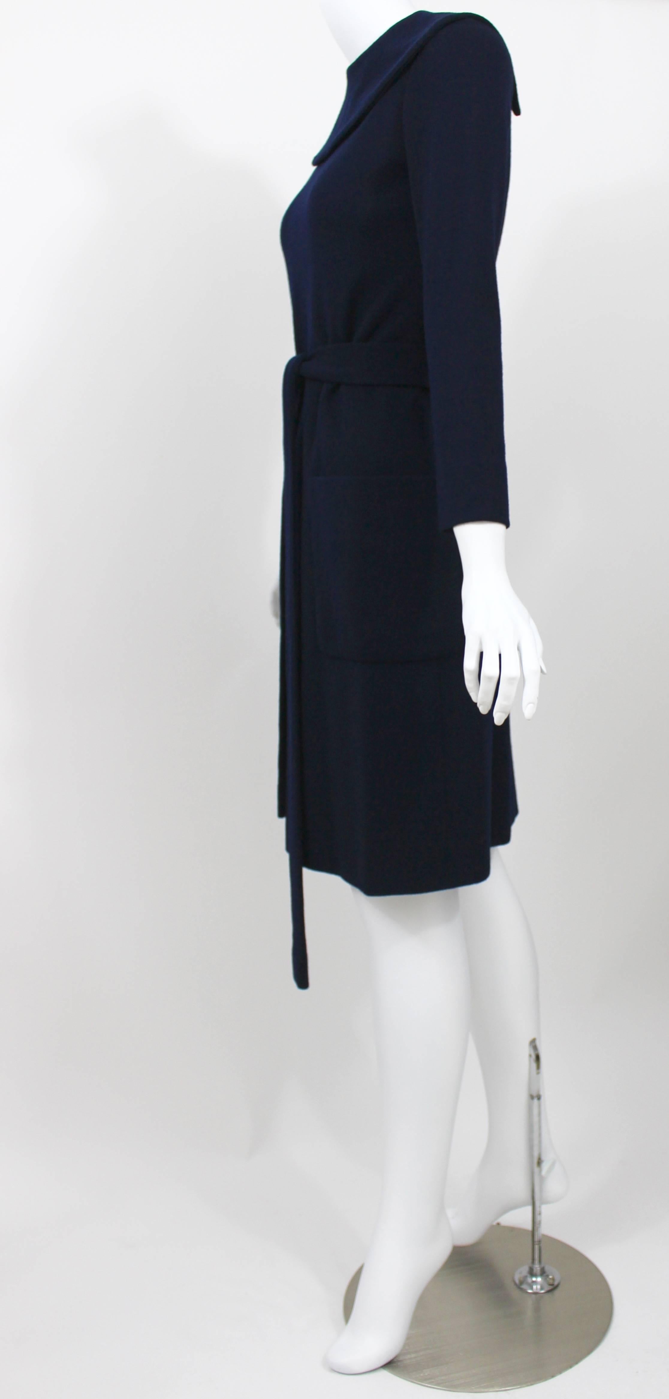 1960s Norman Norell Midnight Blue Wool Jersey Dress In Excellent Condition For Sale In Boca Raton, FL