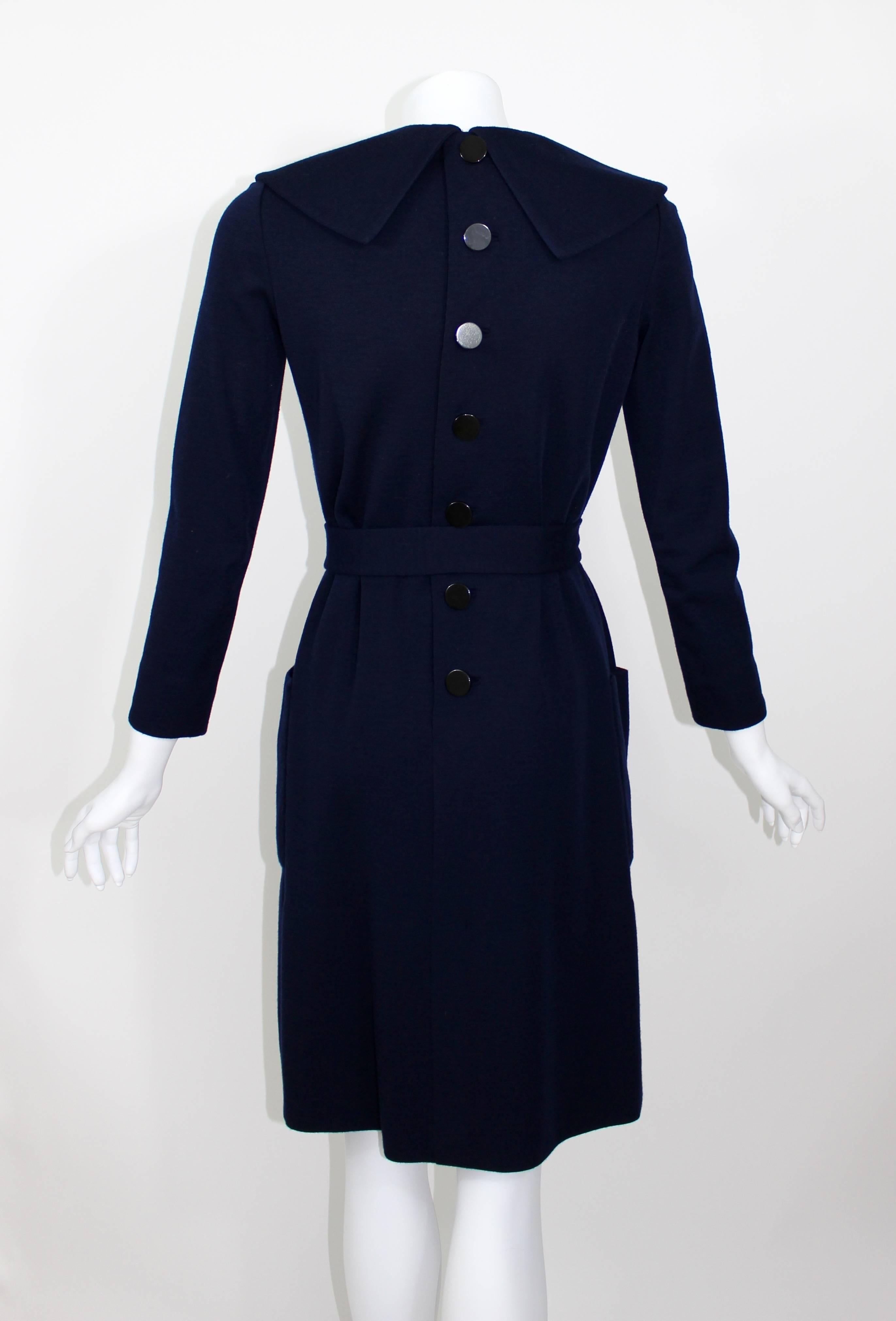 Women's 1960s Norman Norell Midnight Blue Wool Jersey Dress For Sale
