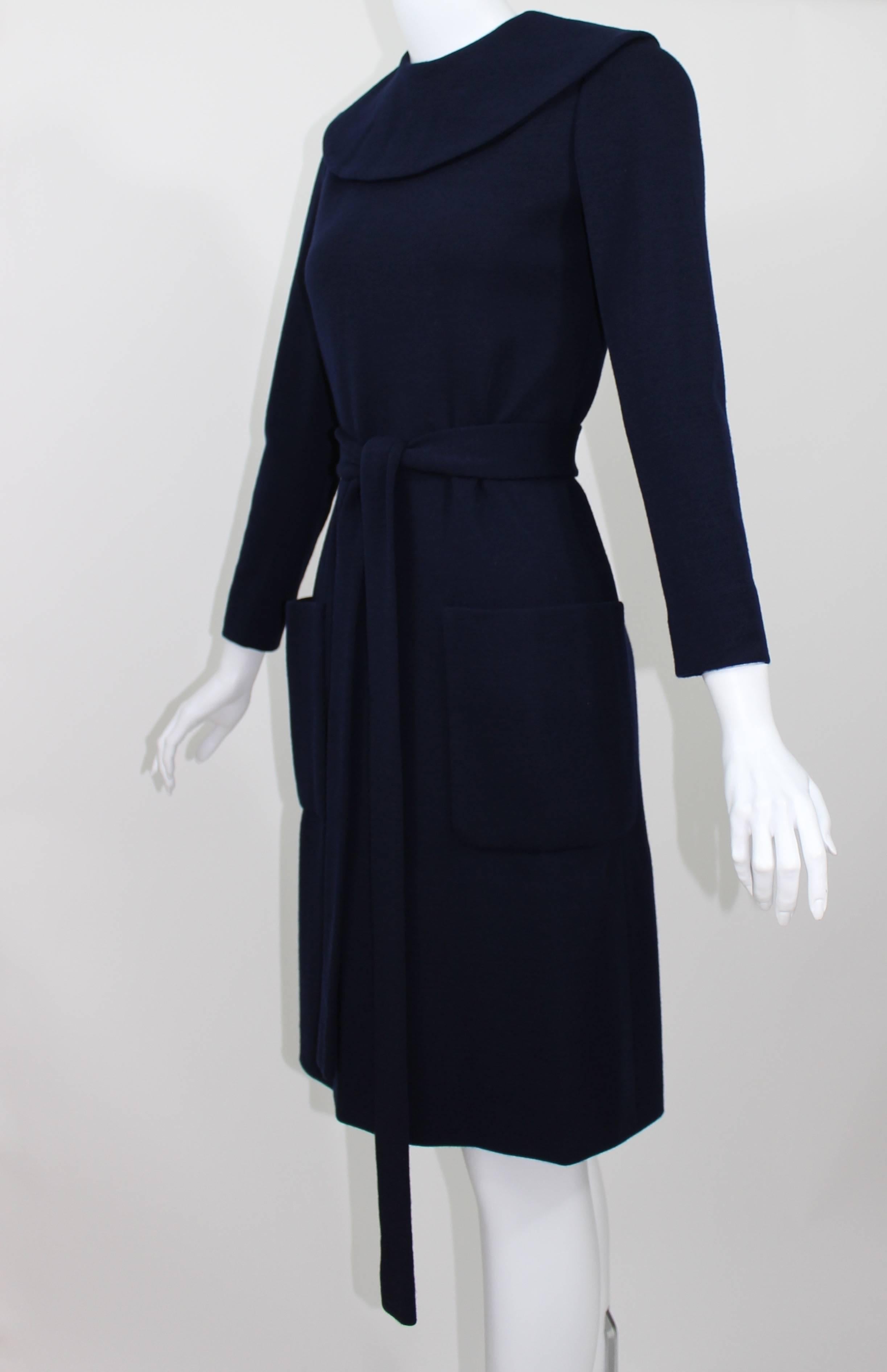 1960s Norman Norell Midnight Blue Wool Jersey Dress For Sale 1