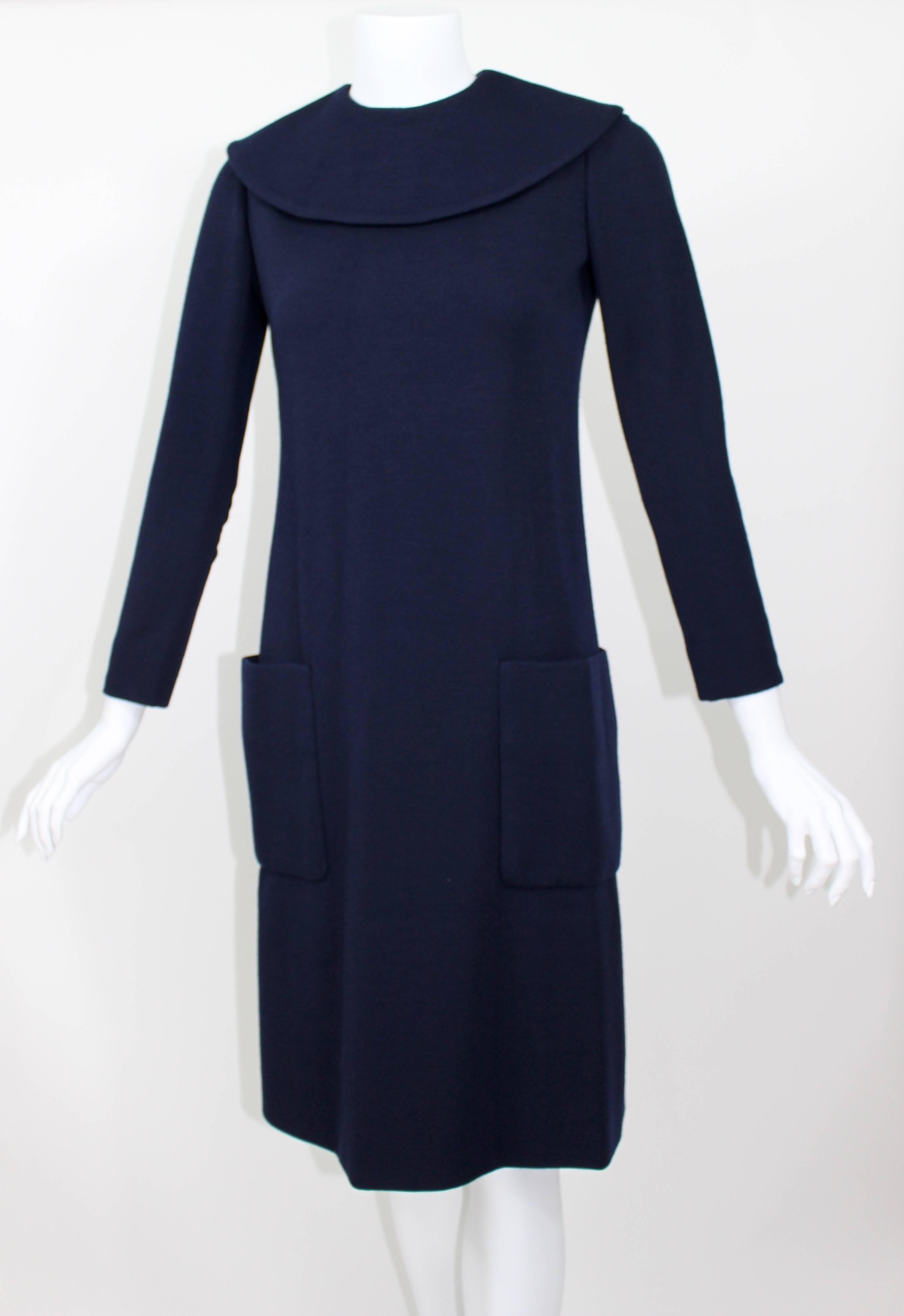 1960s Norman Norell Midnight Blue Wool Jersey Dress For Sale 3
