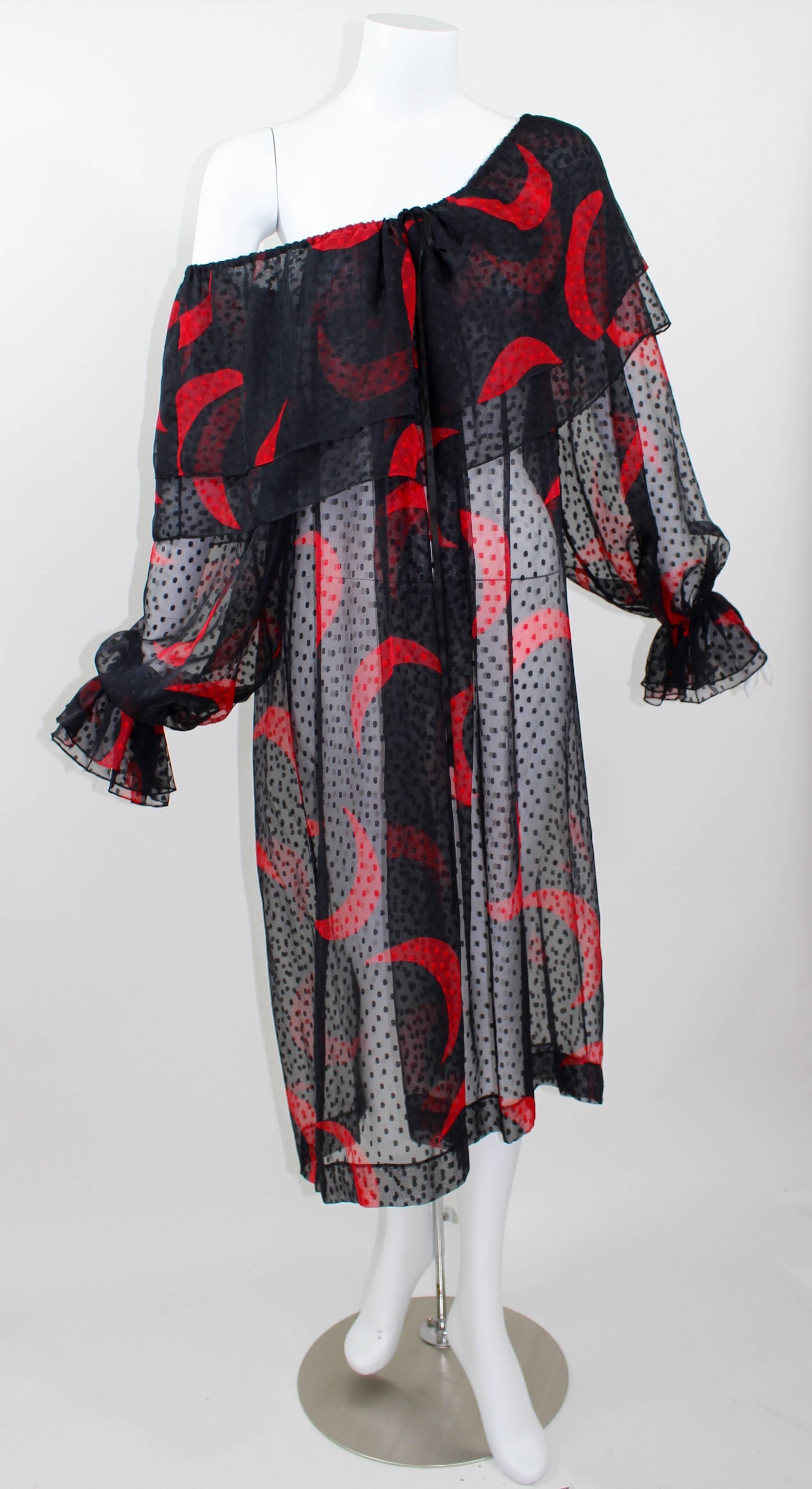 1970s Yves Saint Laurent Red & Black Crescent Moon Ruffle Peasant Dress  In Excellent Condition In Boca Raton, FL