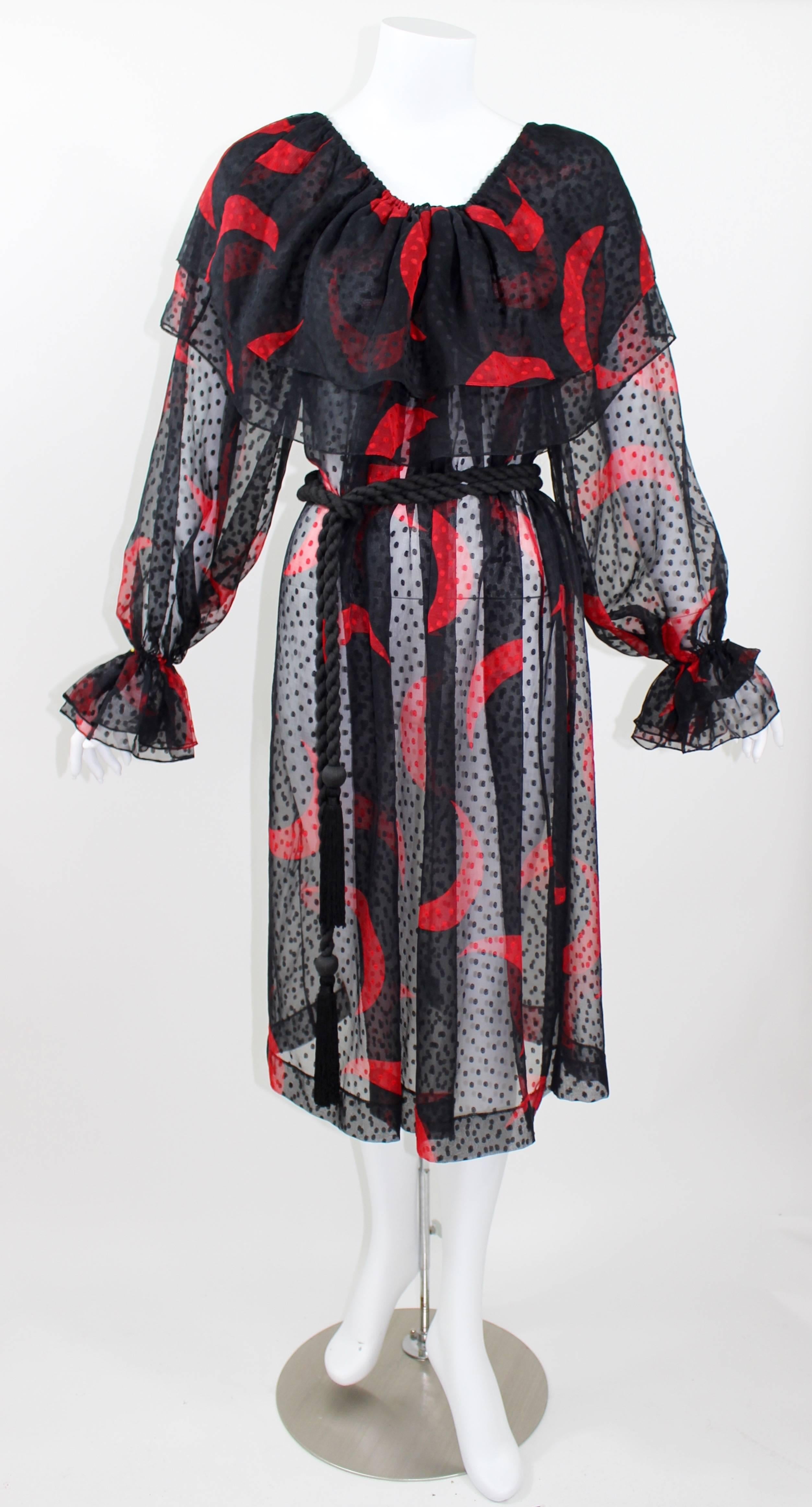 1970s Yves Saint Laurent Red & Black Crescent Moon Ruffle Peasant Dress 2