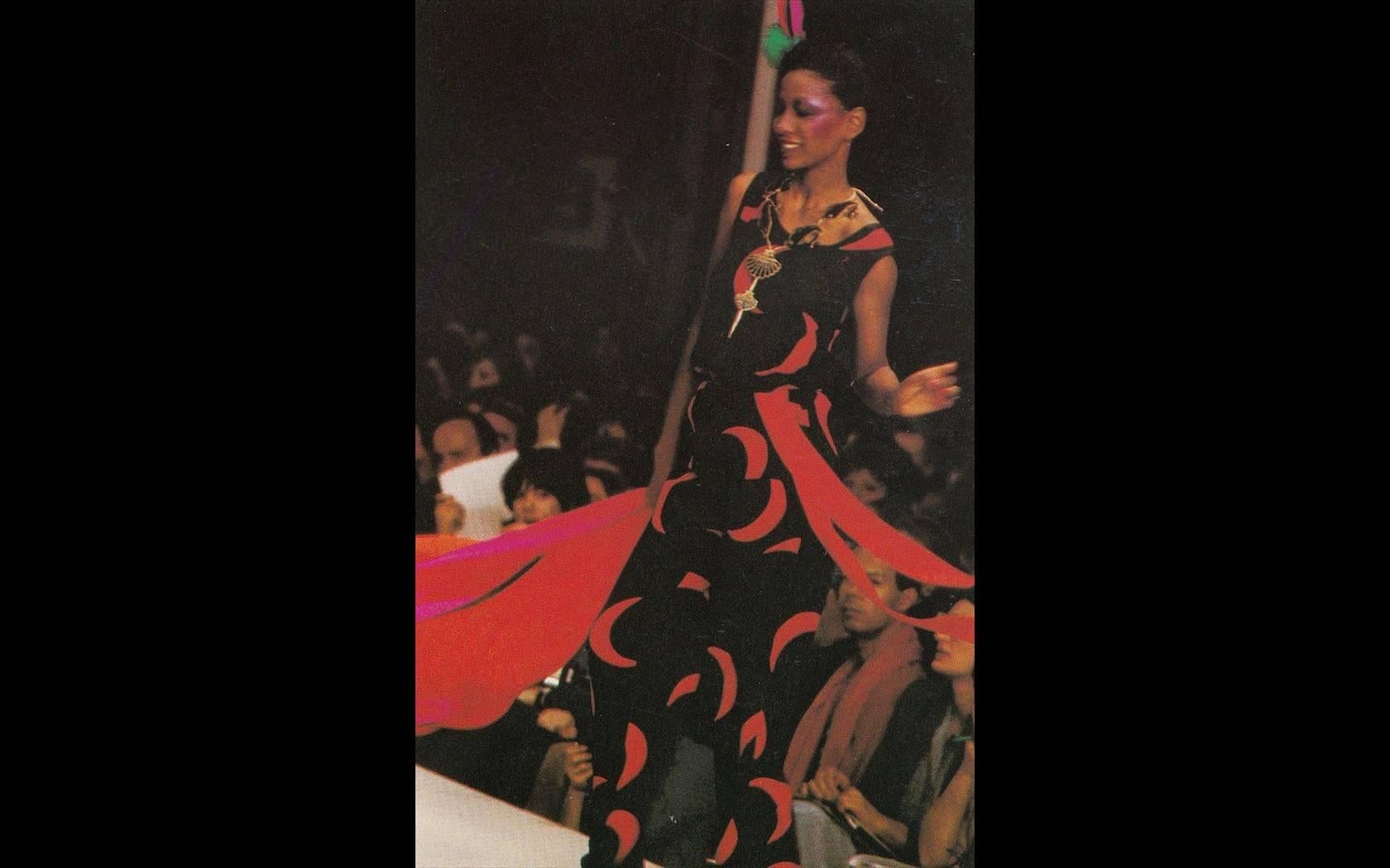 1970s Yves Saint Laurent Red & Black Crescent Moon Ruffle Peasant Dress 4