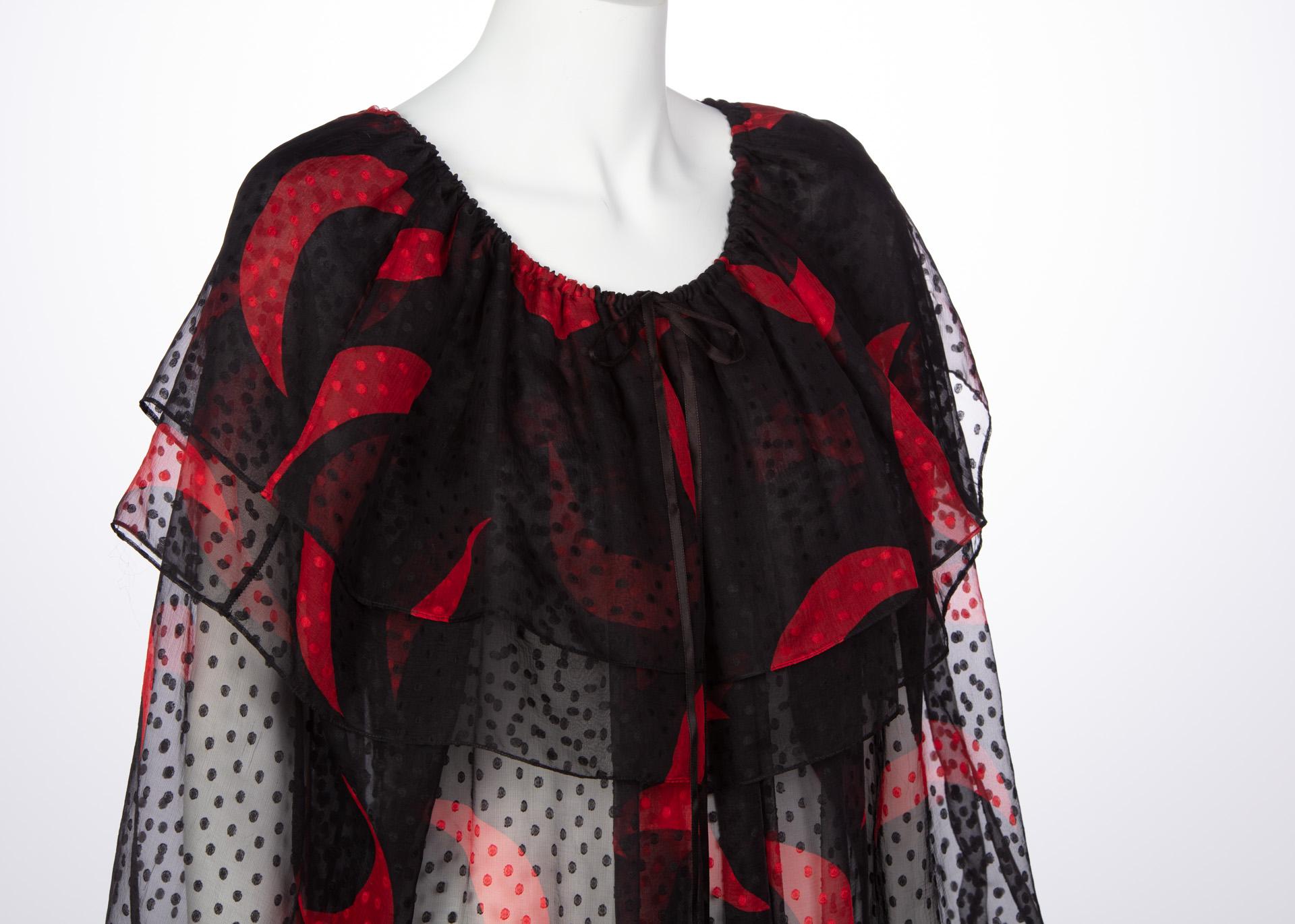 1970s Yves Saint Laurent Red & Black Crescent Moon Ruffle Peasant Dress  7