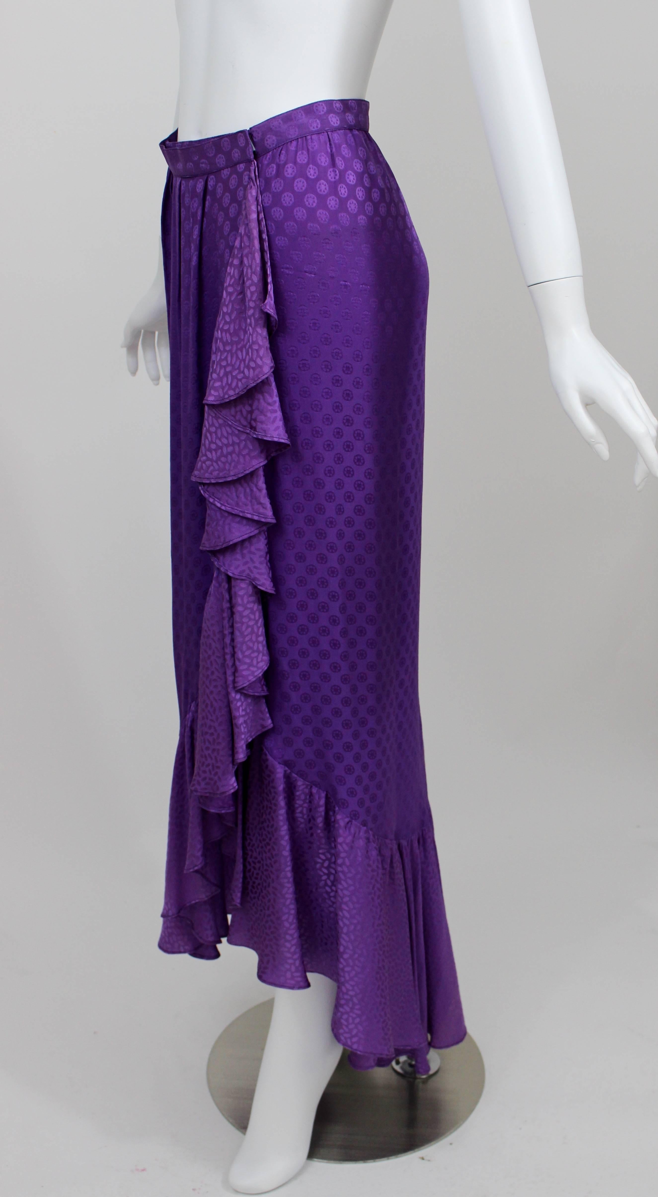 1970s Yves Saint Laurent Purple Silk Ruffle Skirt In Good Condition In Boca Raton, FL