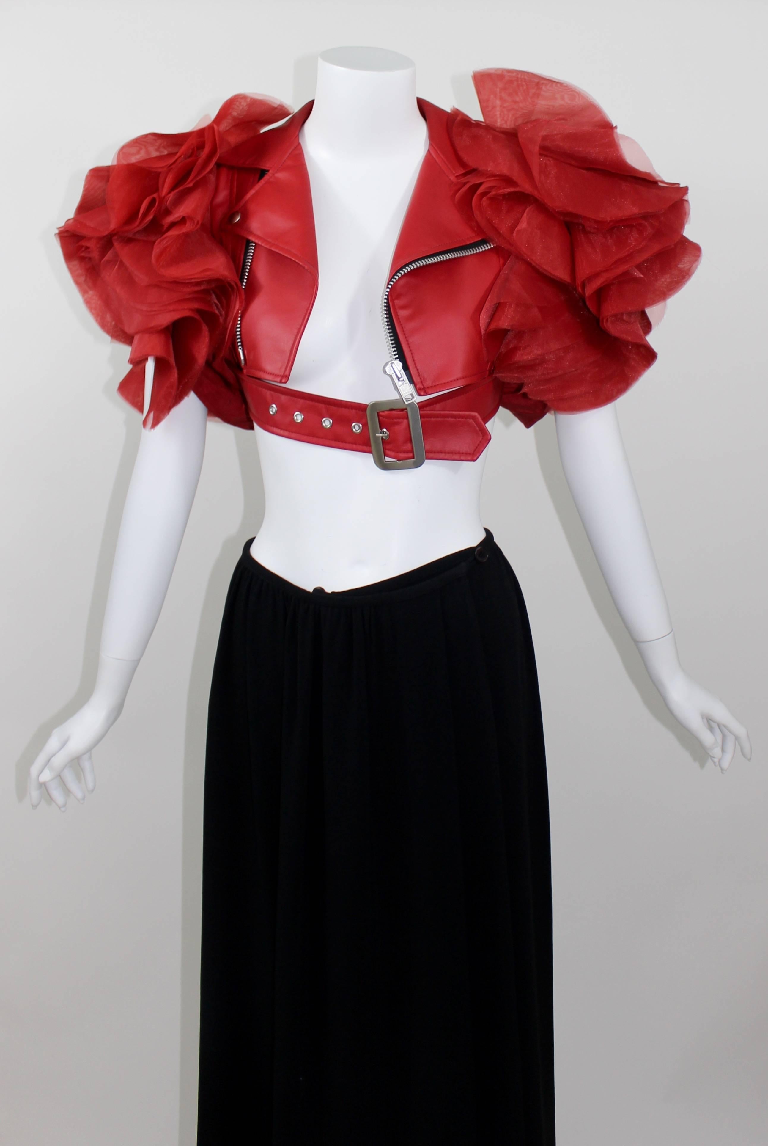 2012 Junya Watanabe Comme Des Garcons Red Faux Leather Ruffle Cropped Jacket In Excellent Condition In Boca Raton, FL